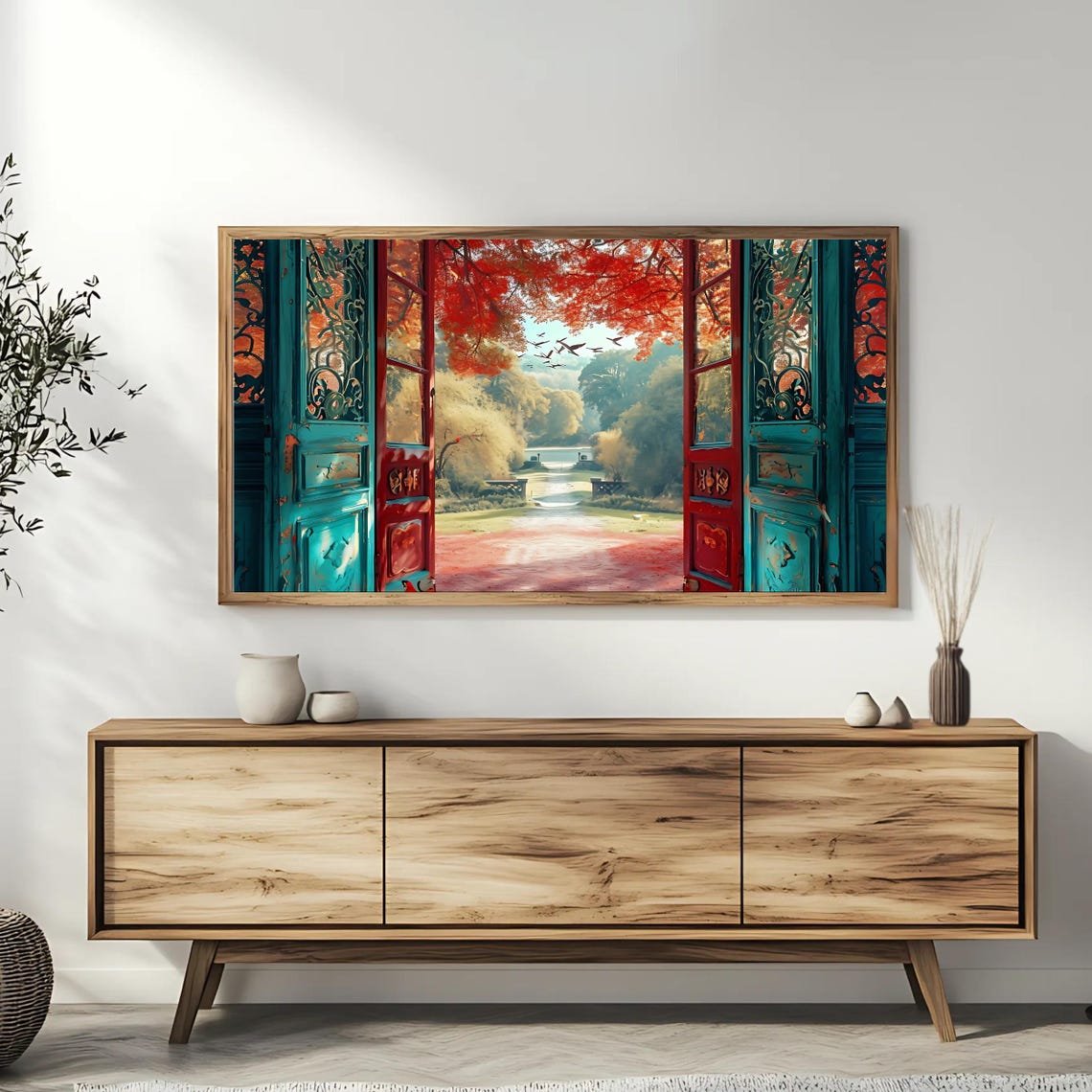Autumn Open Doors Red Maple Trees Garden Path Colorful Fall Art Poster - Image 3