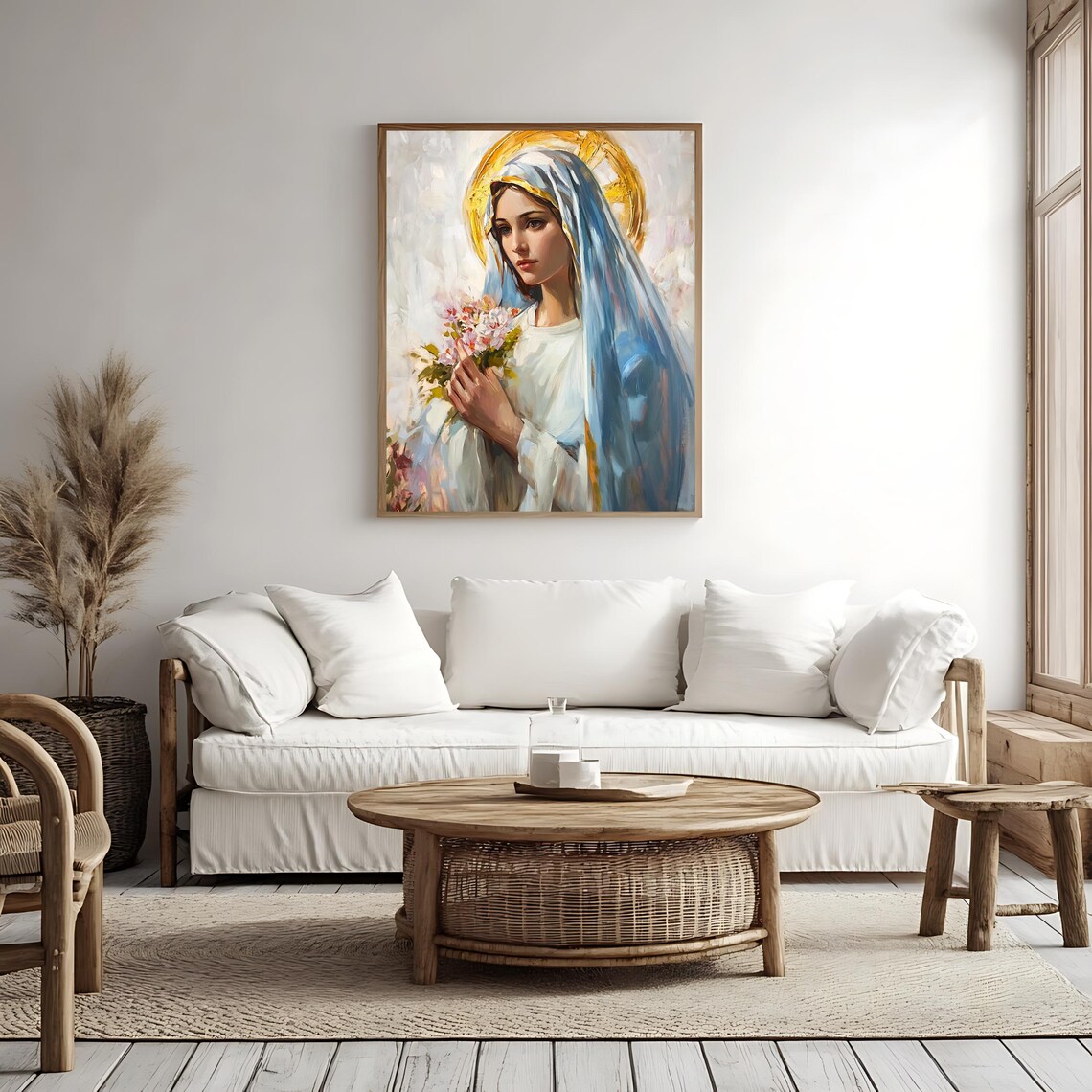 Blessed Virgin Mary With Flowers Blue Veil Golden Halo Devotional Print - Image 4