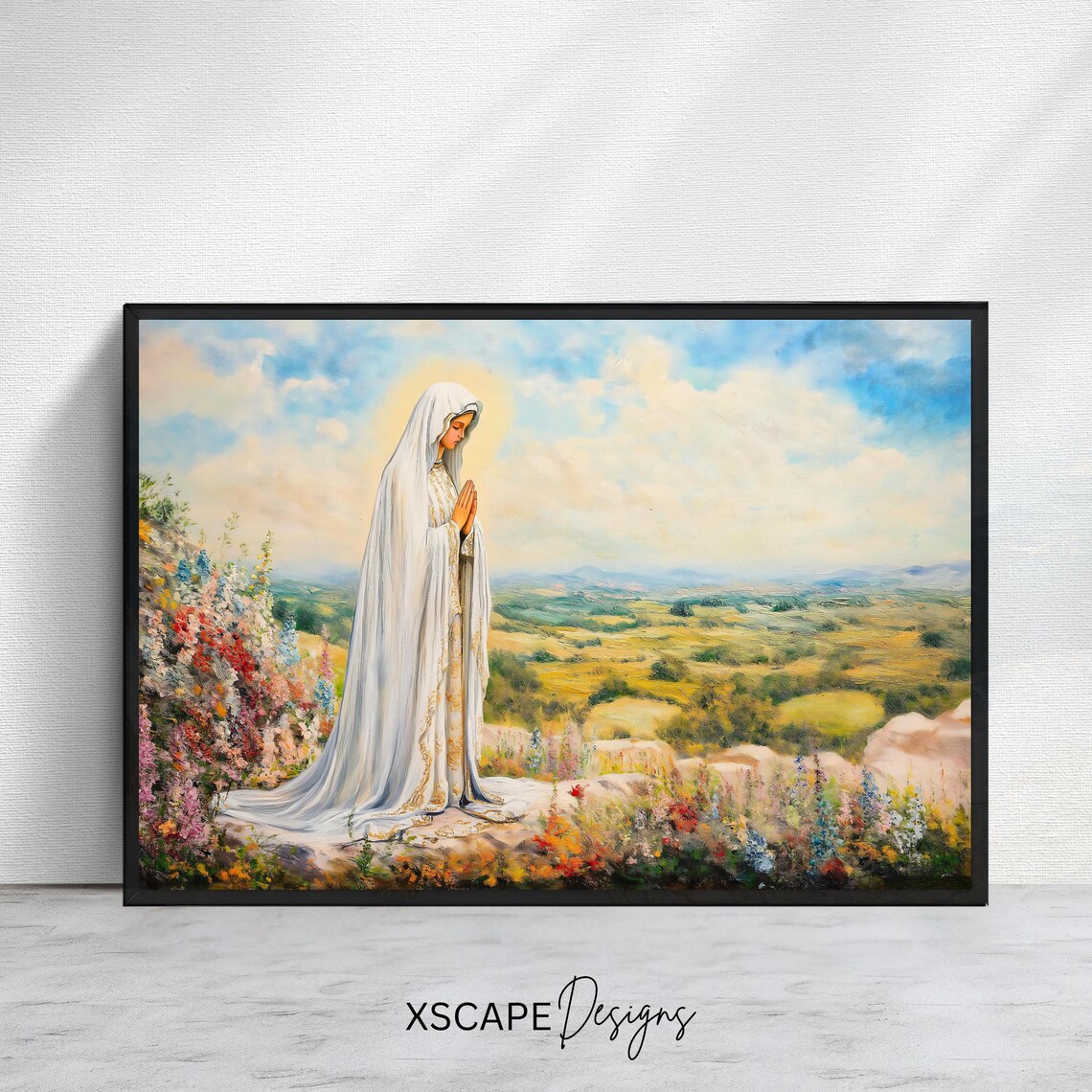 Virgin Mary Praying Flower Hillside Apparition Catholic Faith Art Print
