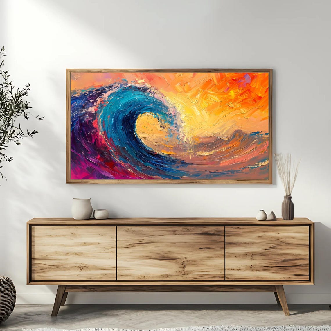 Vibrant Ocean Wave Curling Sunset Orange Impasto Surf Poster - Image 3