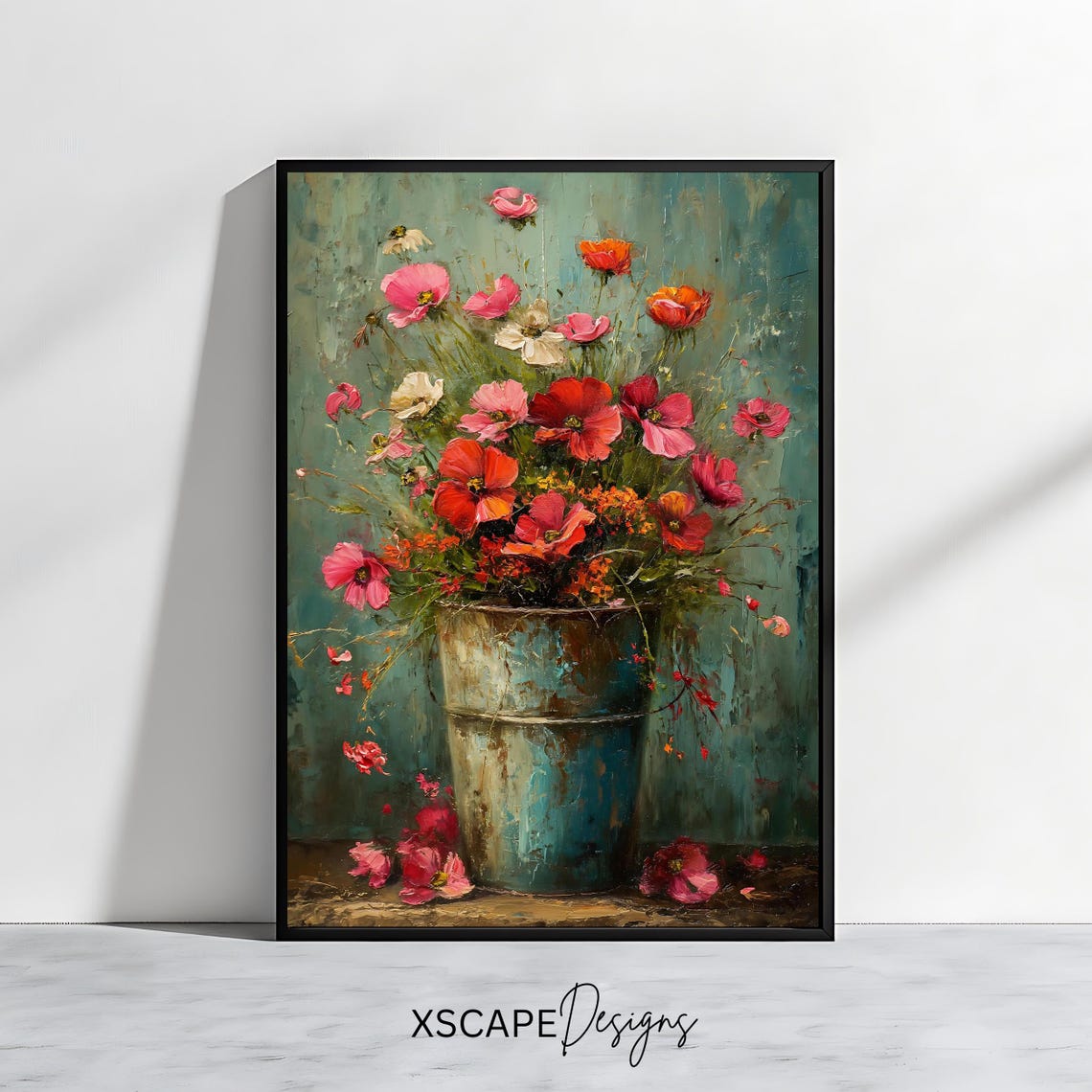 Rustic Metal Bucket Red Poppies Wildflowers Teal Vintage Floral Poster