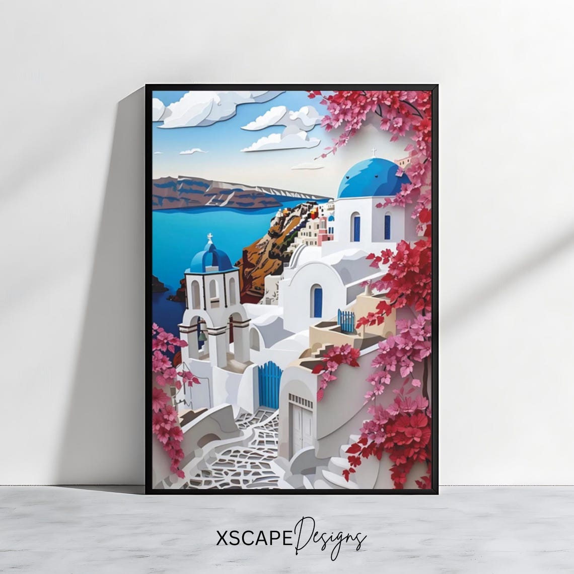 Santorini Oia Blue Dome Churches Caldera Bougainvillea Art Poster