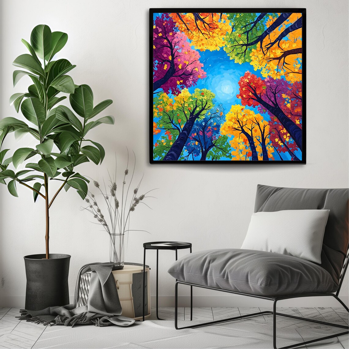 Colorful Forest Canopy Wall Art Print Vibrant Abstract Nature Artwork Square Scenic Tree Decor Bright Landscape Painting - Image 3