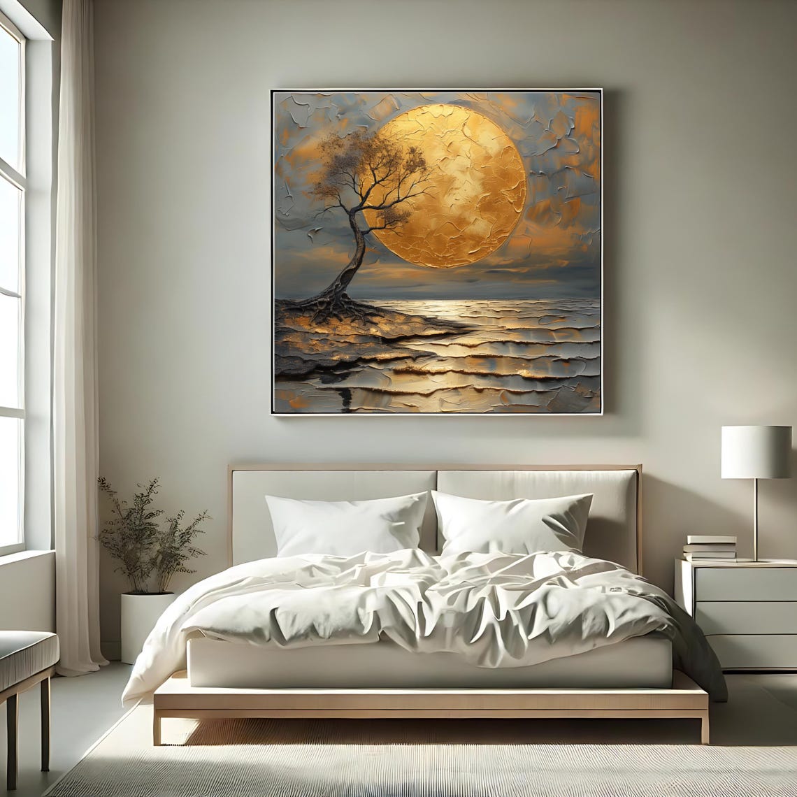 Golden Moon Wall Art Abstract Moonlight Print Surreal Landscape Painting For Home Decor - Image 2