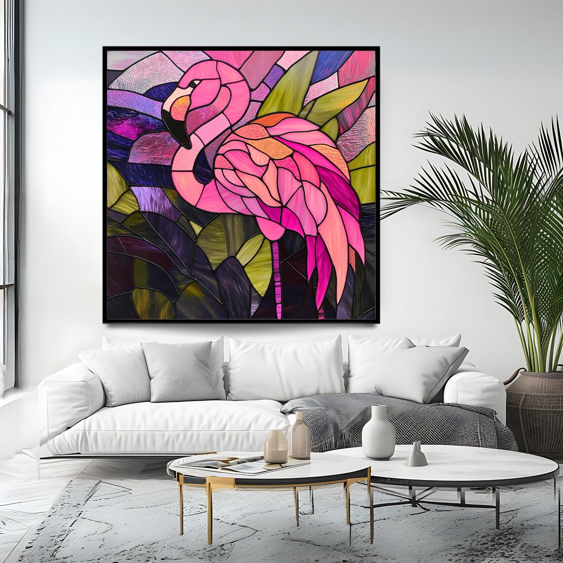 Pink Flamingo Stained Glass Art Tropical Leaves Colorful Bird Wall Art - Image 4