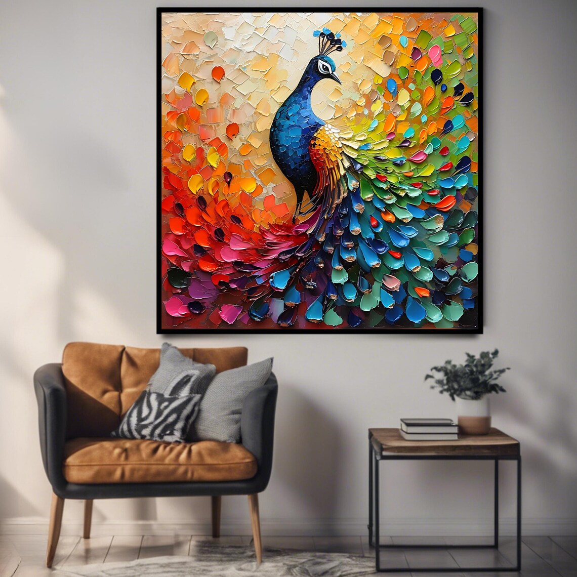 Peacock Wall Art Print, Vibrant Bird Square Poster - Image 3