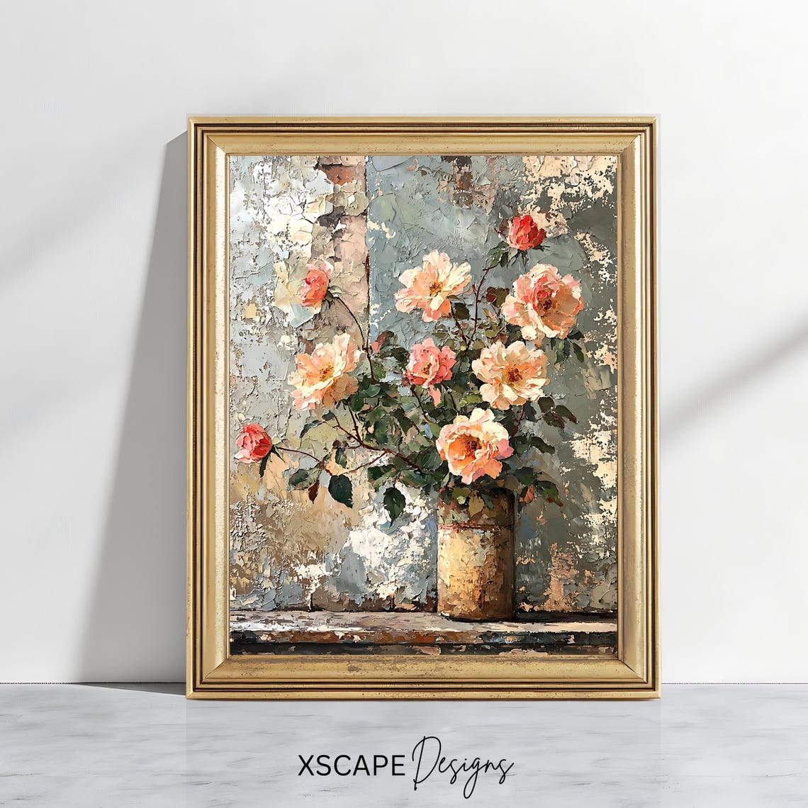 Vintage Floral Still Life Blush Roses Rustic Pot Distressed Wall Print
