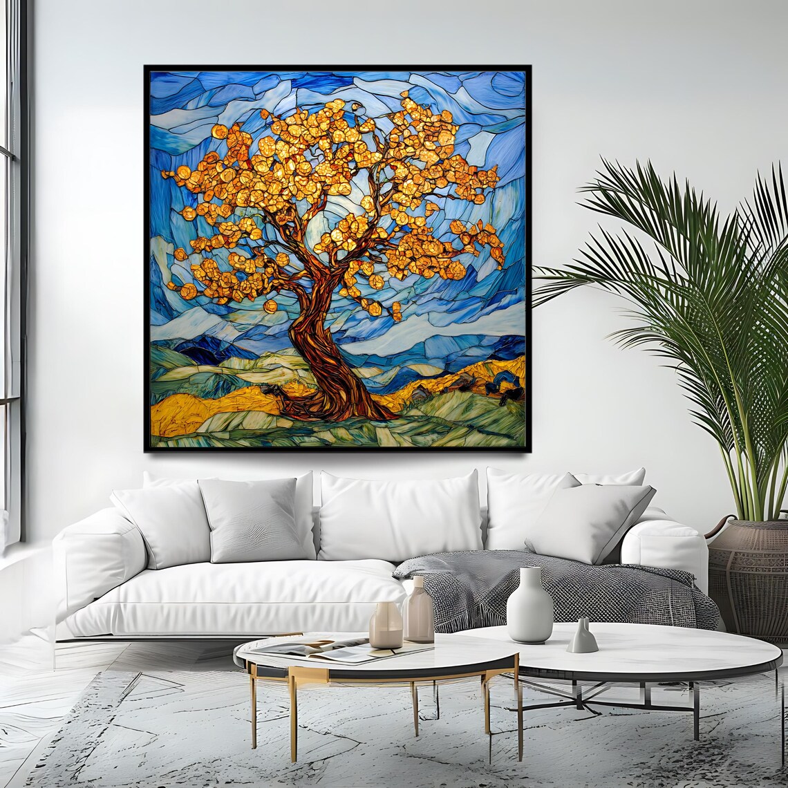 Stained Glass Tree Art Print Nature Inspired Wall Decor Square Landscape Painting - Image 4