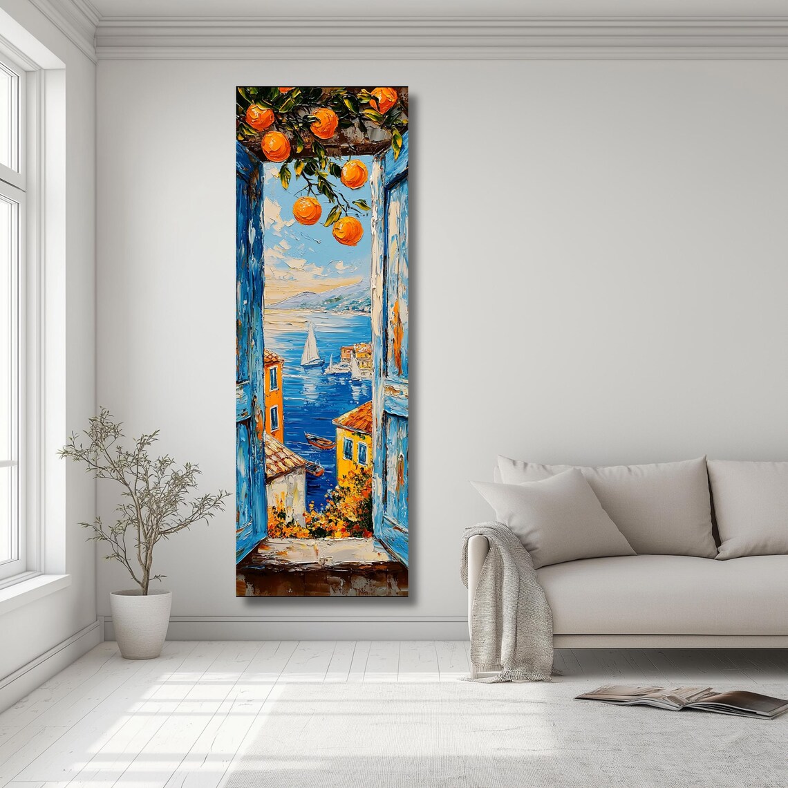 Mediterranean Window Orange Branch Coastal Village Sailboat Poster - Image 2