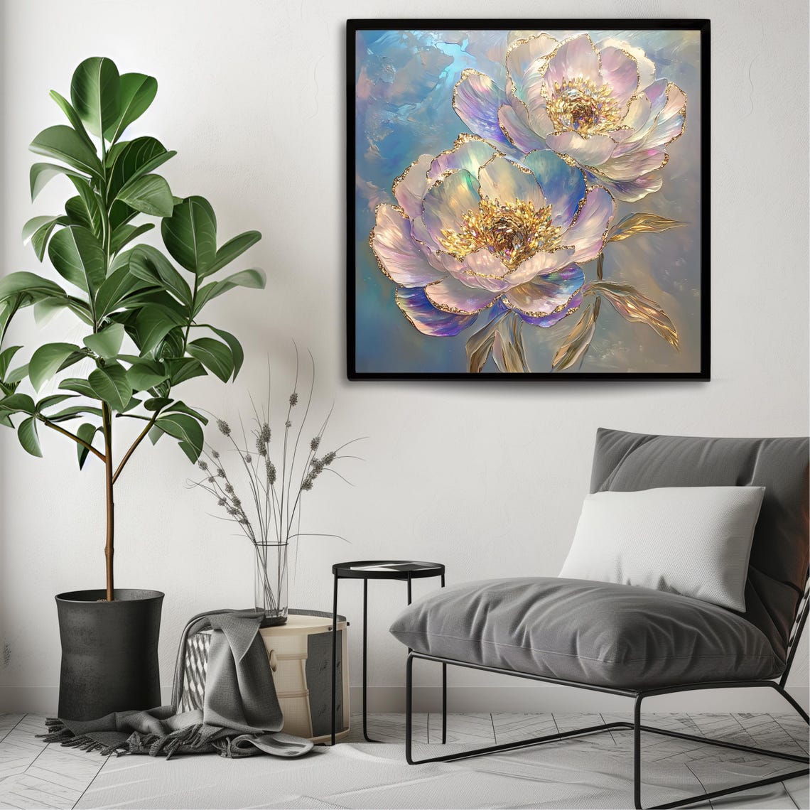 White Purple Peony Blossoms Gold Leaf Painterly Botanical Art Print - Image 3