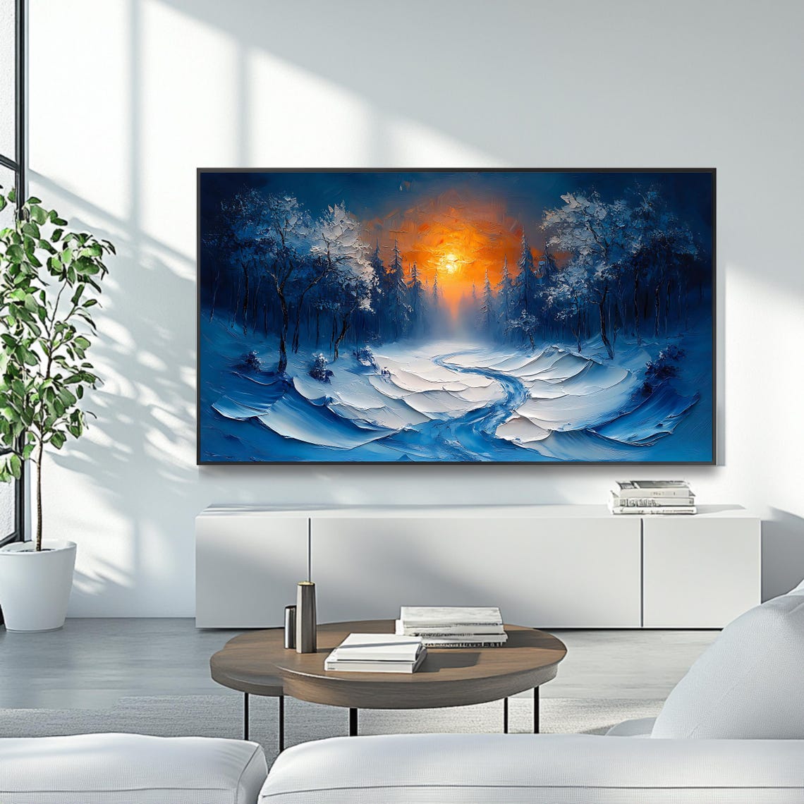 Winter Forest Sunset Snowy Path Blue Twilight Orange Sun Art Poster - Image 4