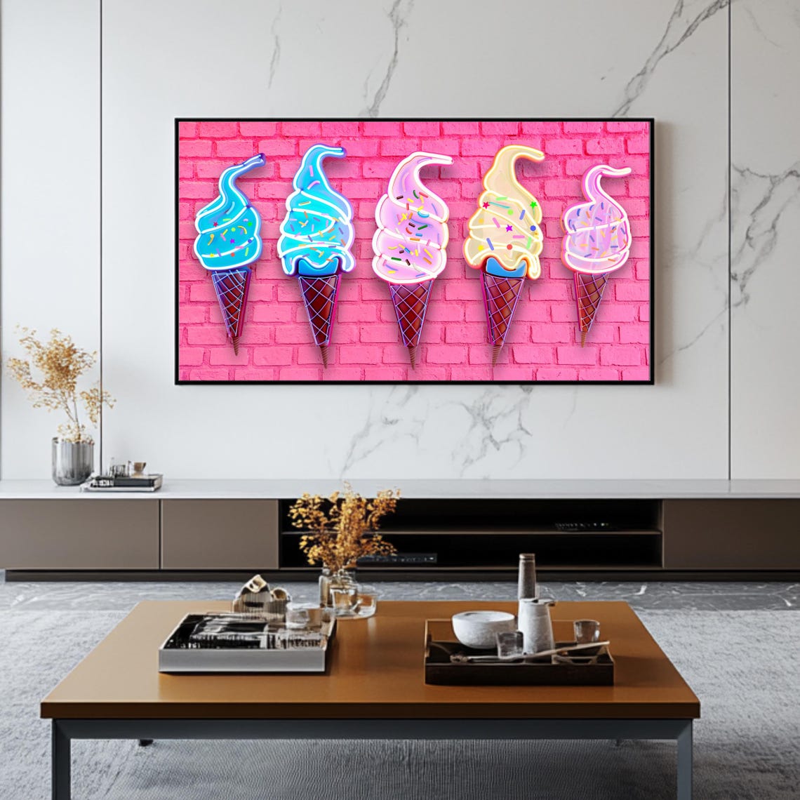 Neon Ice Cream Cones Pastel Pink Brick Wall Fun Retro Pop Art Poster - Image 2
