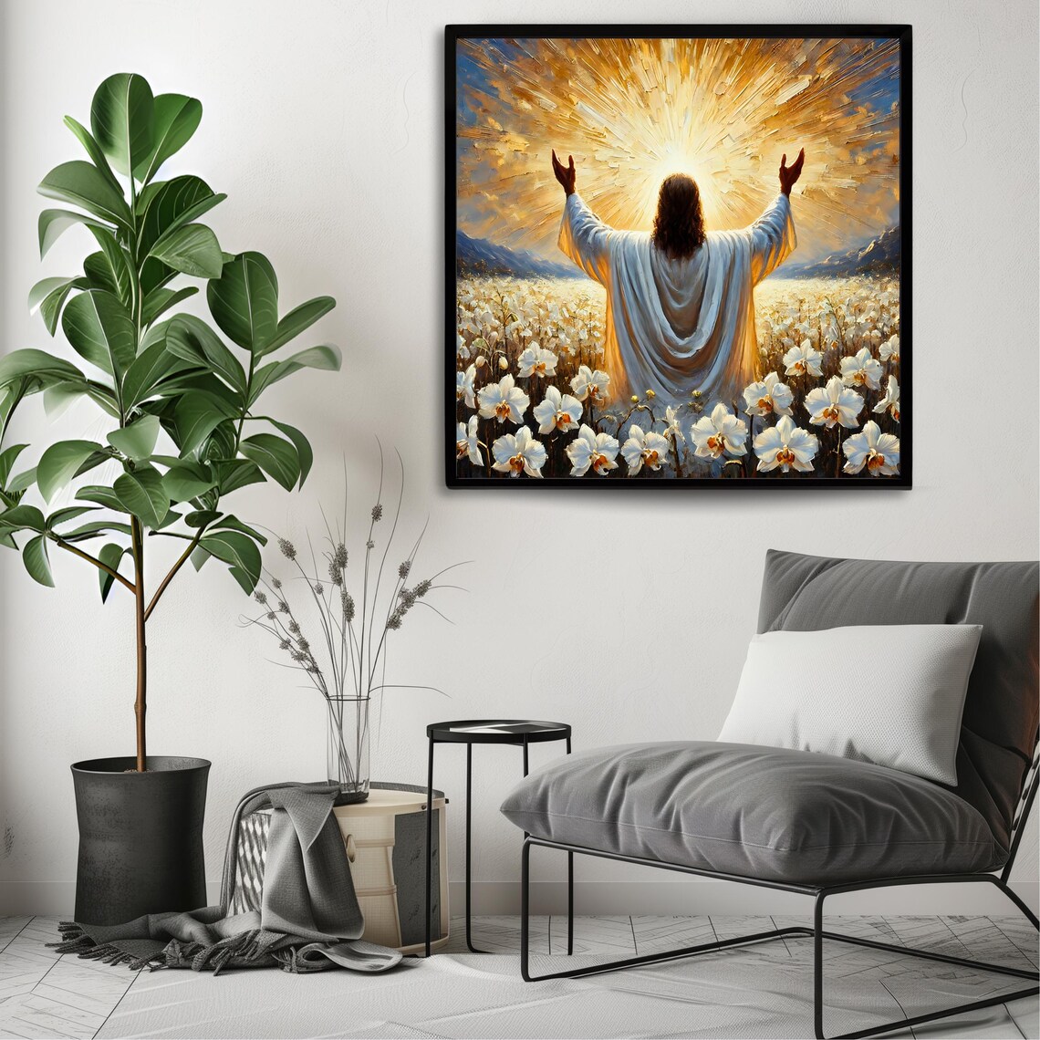 Jesus Christ Arms Raised White Flower Field Sunrise Christian Art Poster - Image 3
