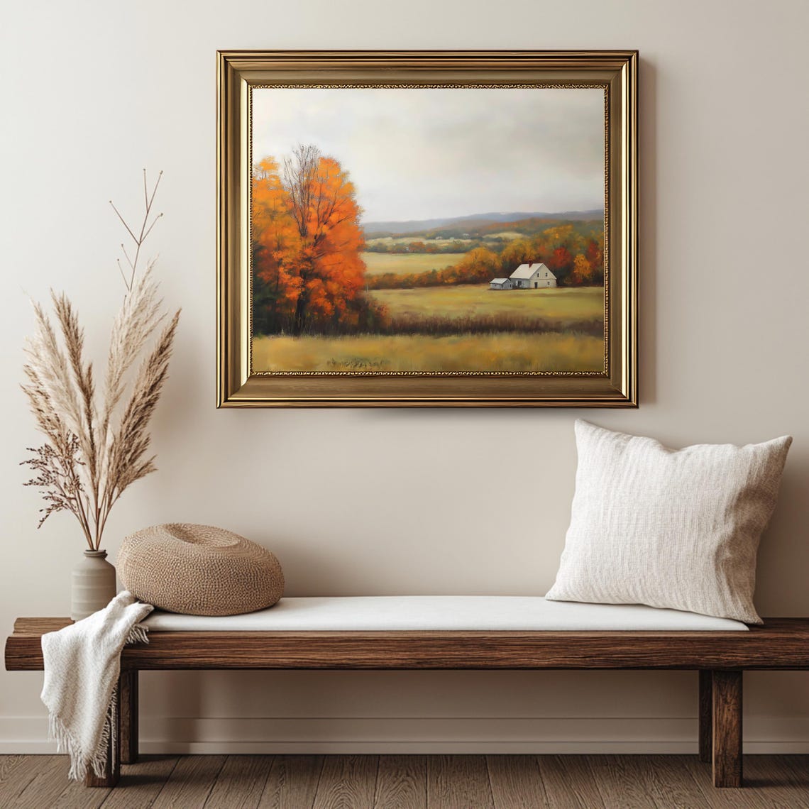 Antique Autumn Farmhouse Orange Maples Misty Countryside View Poster - Image 2