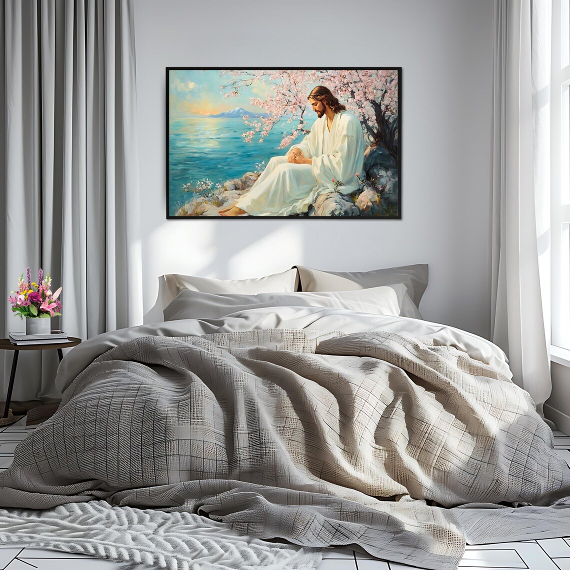 Jesus Resting by the Sea Under Cherry Blossoms Sunrise Serene Faith Art Print - Image 2