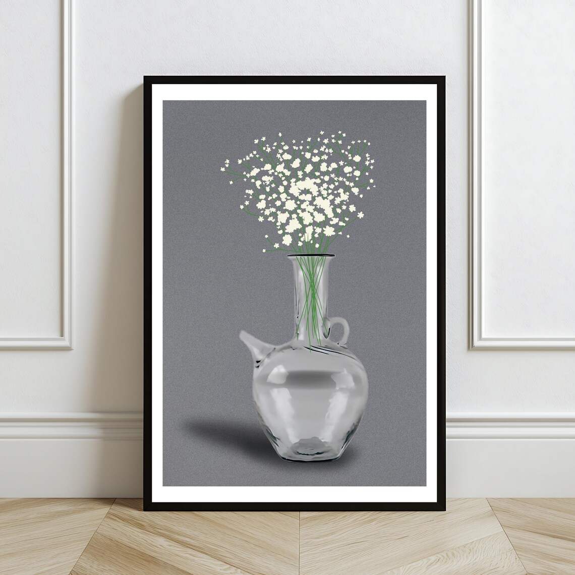 Lebanese Ibrik Glass Jug Baby Breath Flowers Minimalist Wall Art Print - Image 2