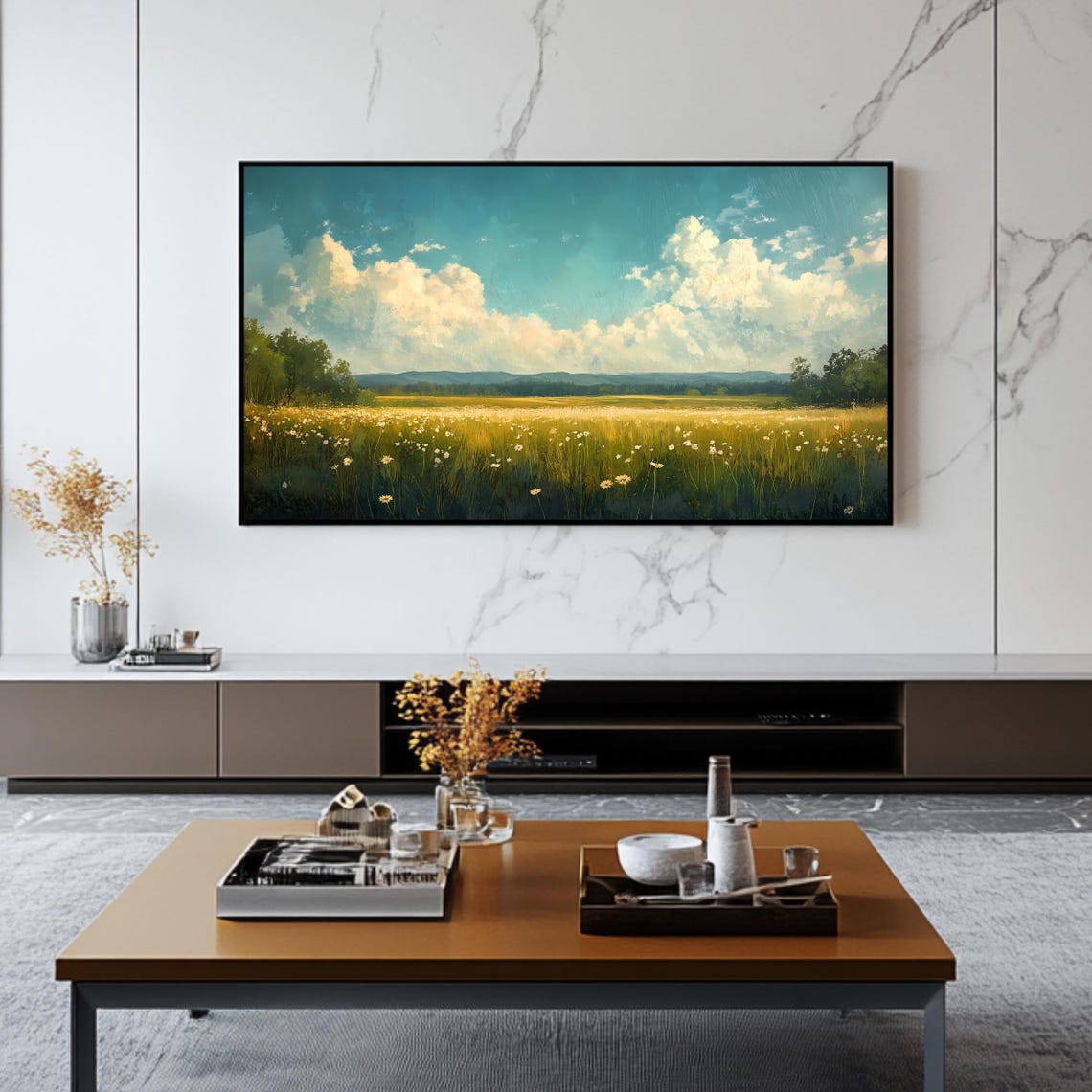 Summer Wildflower Meadow White Daisies Blue Sky Clouds Nature Poster - Image 2