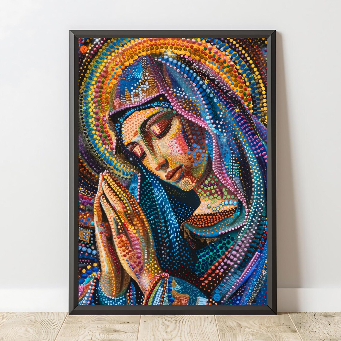Virgin Mary Dot Art Praying Colorful Pointillism Catholic Religious Poster - Image 2