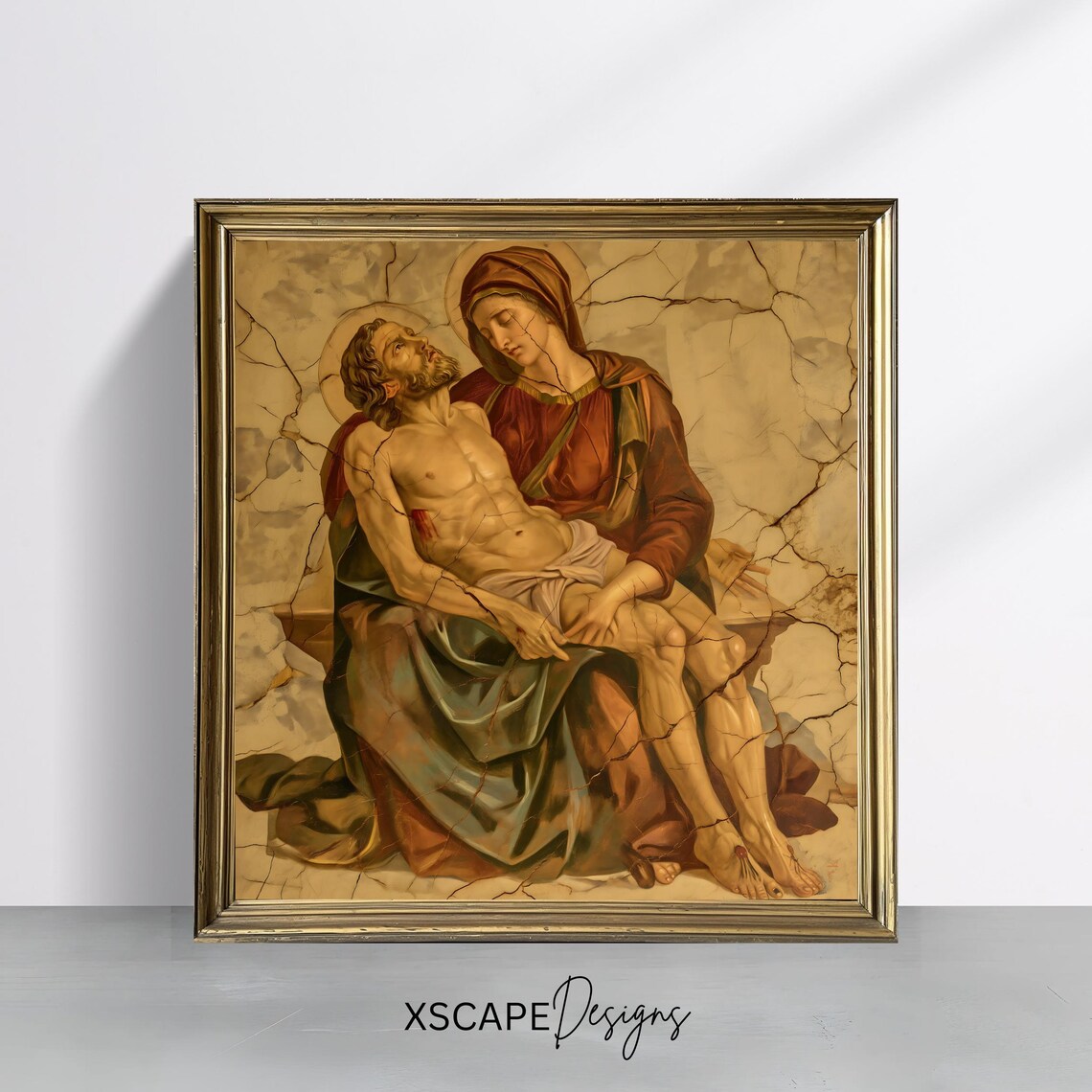 Pieta Mary Holding Jesus Antique Cracked Fresco Religious Catholic Art Print