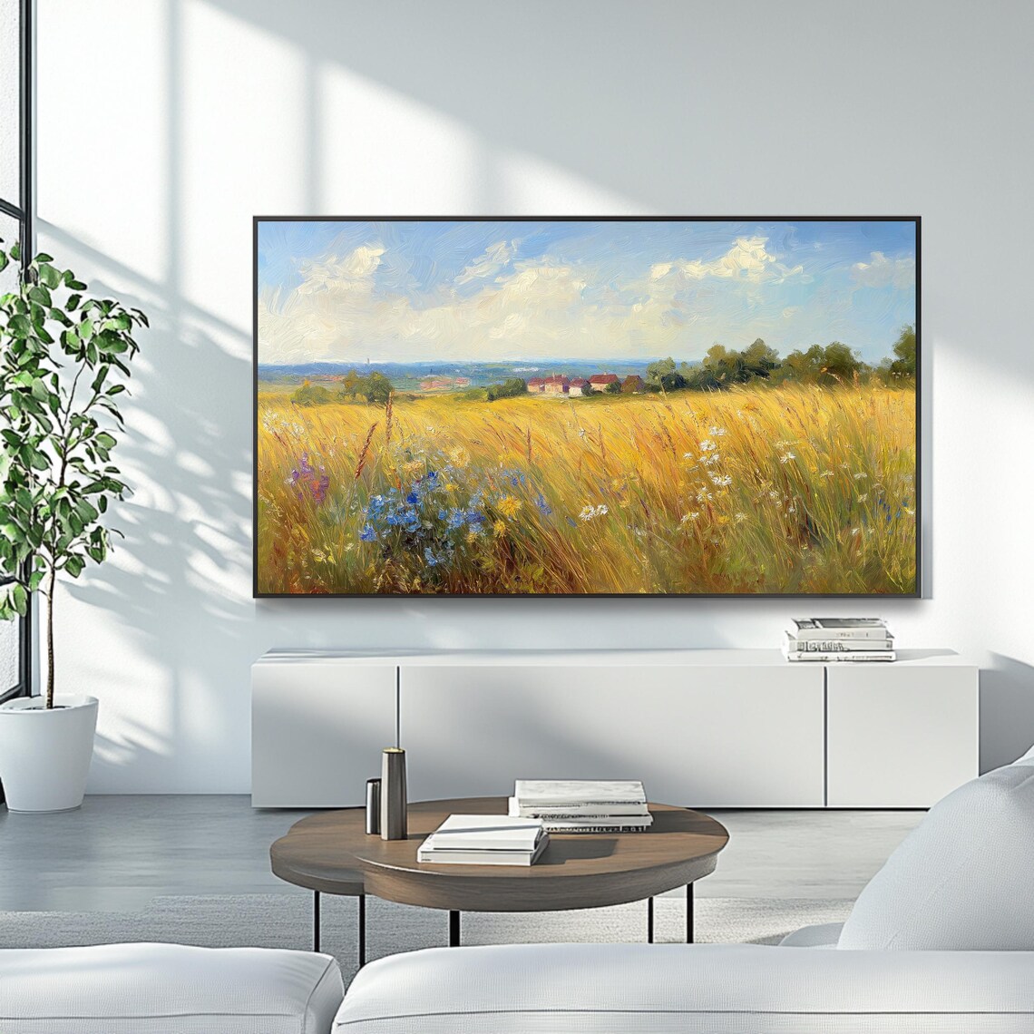 Golden Summer Meadow Wildflowers Village Landscape Oil Painting Poster - Image 4