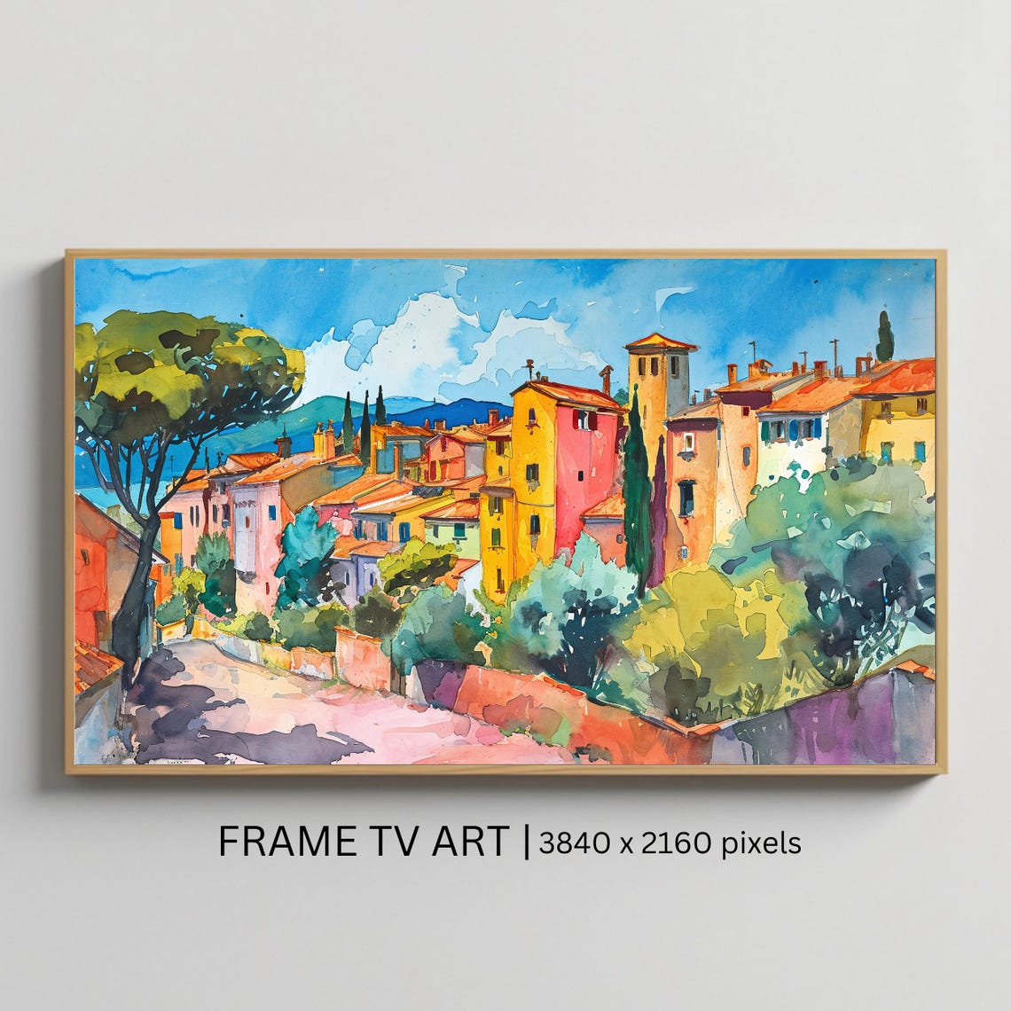 Mediterranean Hillside Village Watercolor Italy Travel Poster