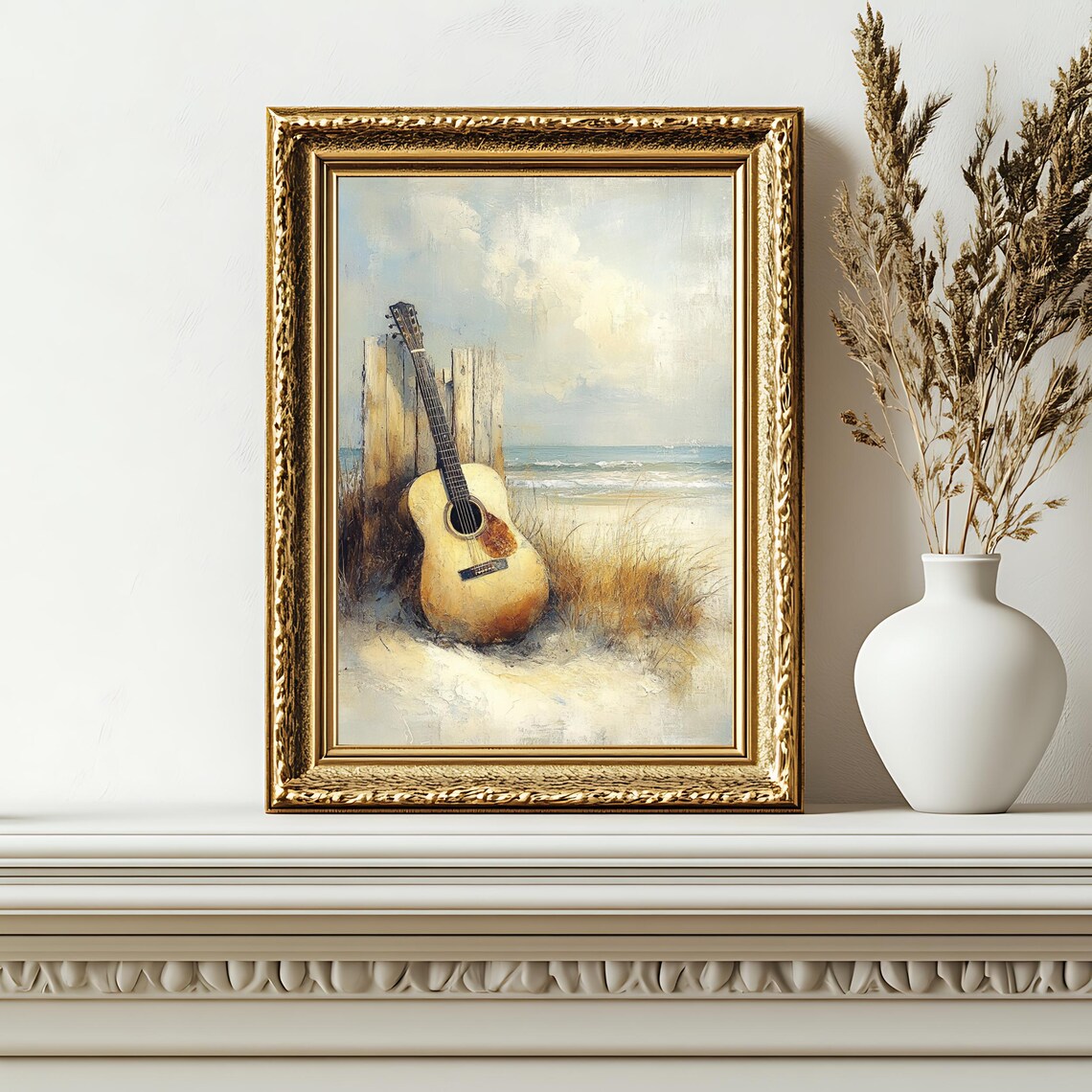 Vintage Beach Guitar Coastal Acoustic Art Print - Image 2