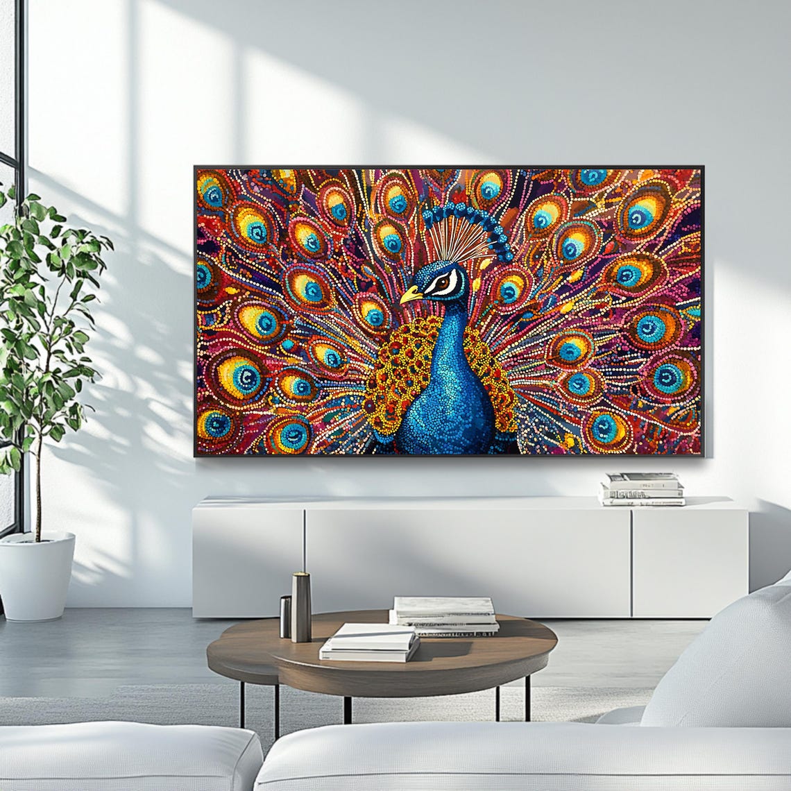 Vibrant Peacock Feather Tail Mosaic Dot Art Colorful Bird Wall Poster - Image 4