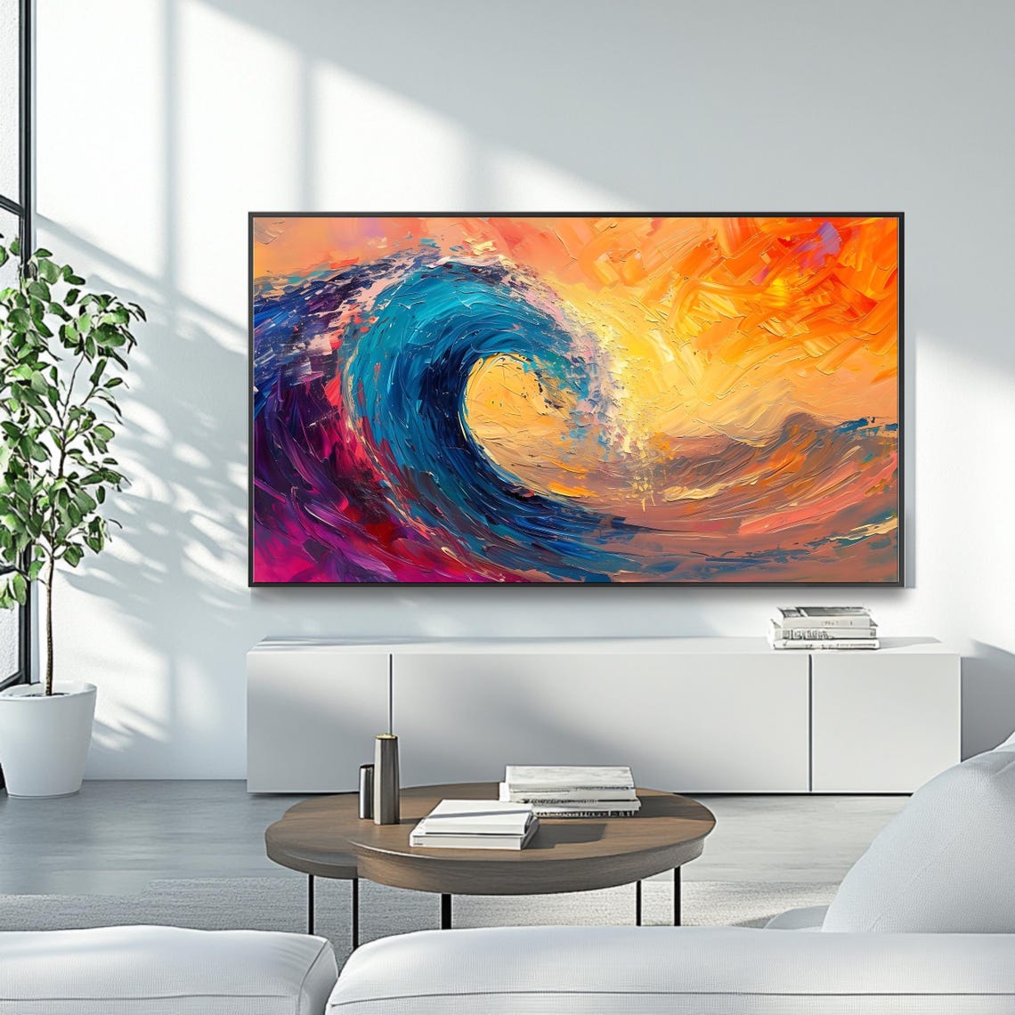 Vibrant Ocean Wave Curling Sunset Orange Impasto Surf Poster - Image 4