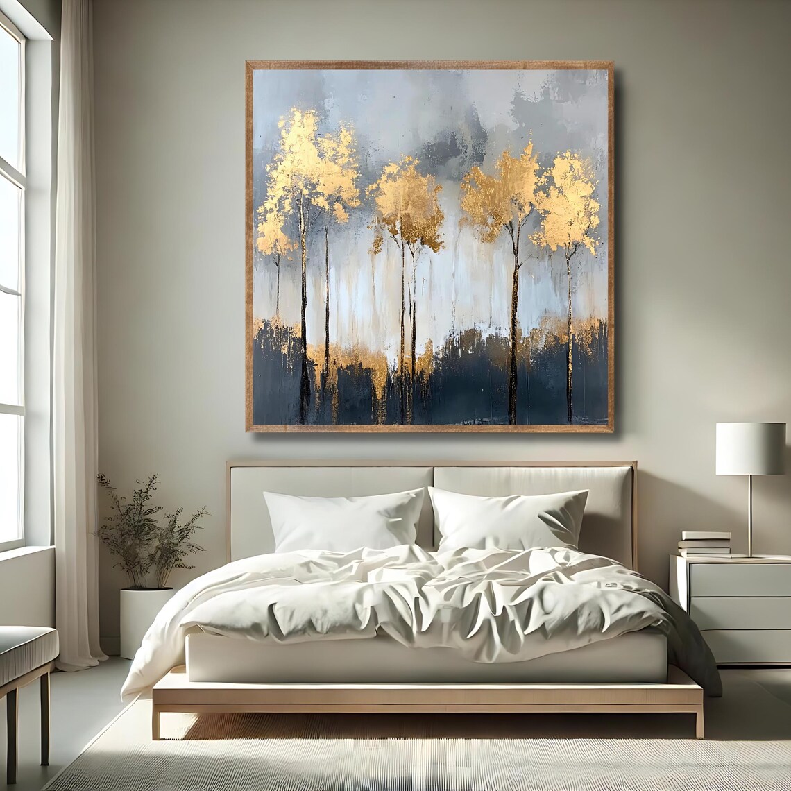 Golden Abstract Forest Wall Art Square Print Minimalist Tree Painting Modern Nature Decor - Image 2