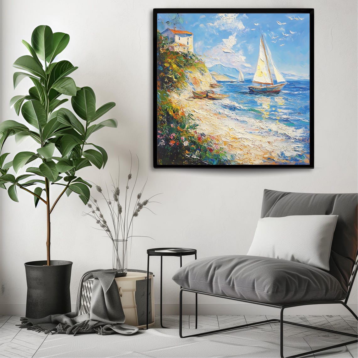 Sailboats on a Bright Blue Sea Near a Cliffside Coastal Village Poster - Image 3