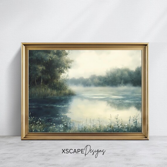 Vintage Lake Art Print Misty Forest Landscape Serene Nature Wall Decor Calm Home Decor