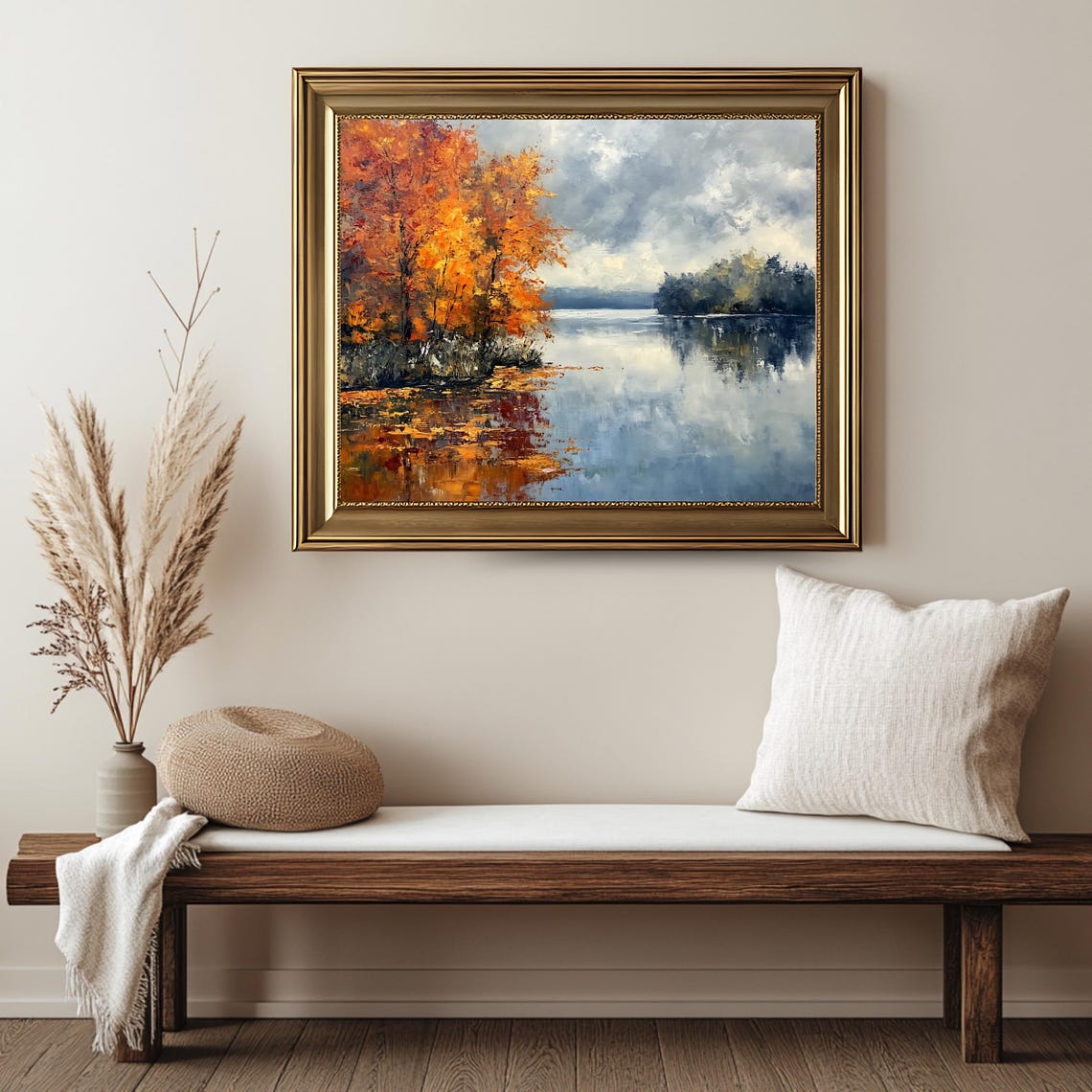 Autumn Lake Fiery Orange Trees Calm Water Cloudy Sky Reflection Print - Image 2