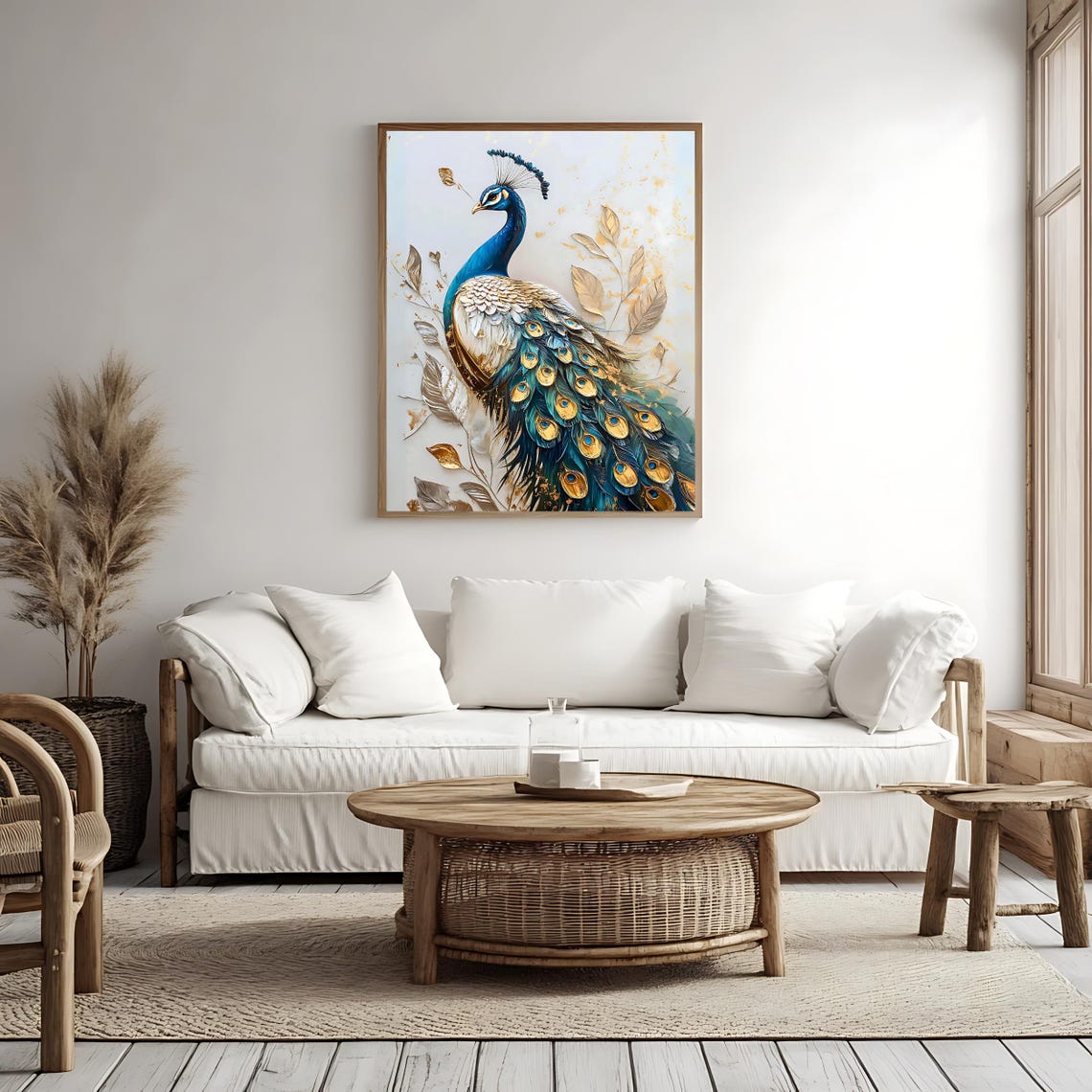 Elegant Peacock Gold And Teal Feathers Ornate Plumage Wall Art Print - Image 4