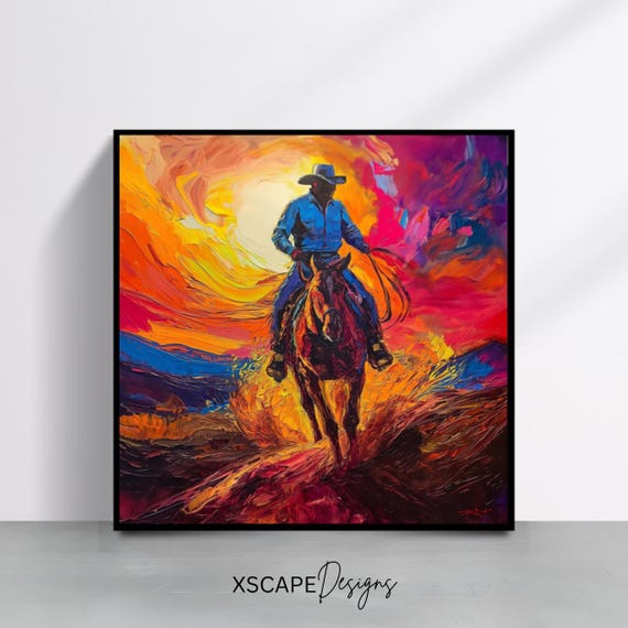 Cowboy Sunset Wall Art Print Western Square Artwork Poster