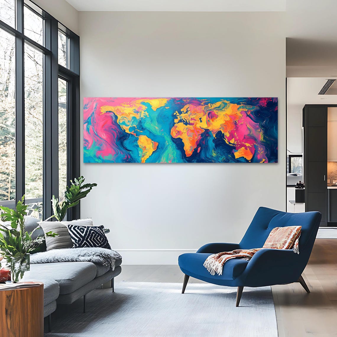 Colorful Fluid World Map Marbled Paint Panoramic Travel Art Poster - Image 3