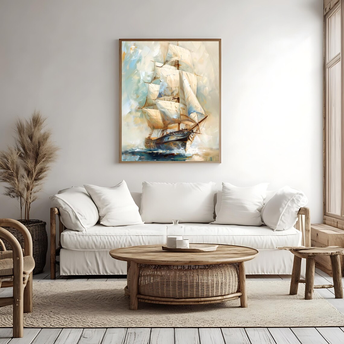 Vintage Sailing Ship Art Print Neutral Nautical Wall Decor Rustic Coastal Home Art Vintage Painting - Image 4