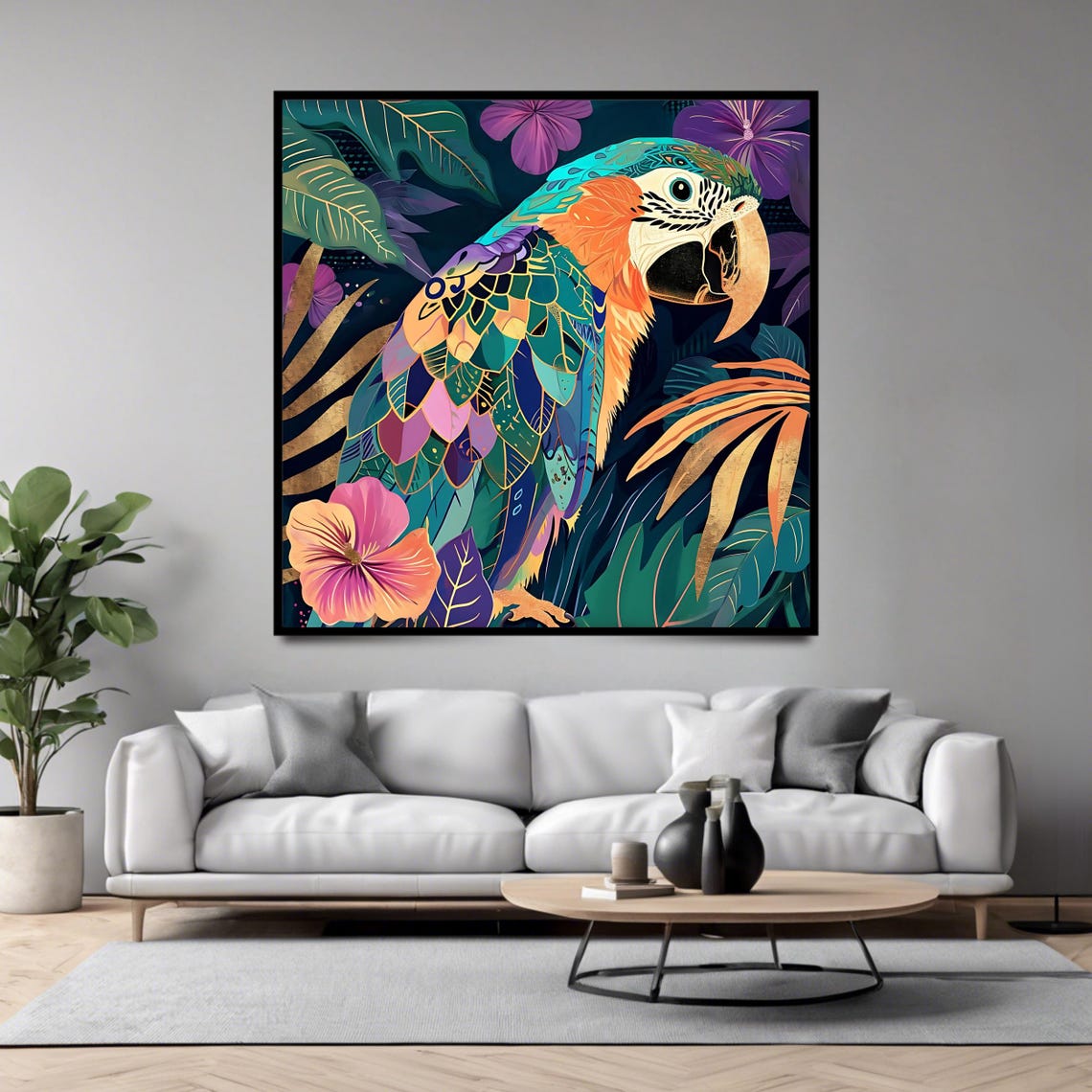 Colorful Tropical Parrot Among Exotic Flowers Jungle Art Poster - Image 4