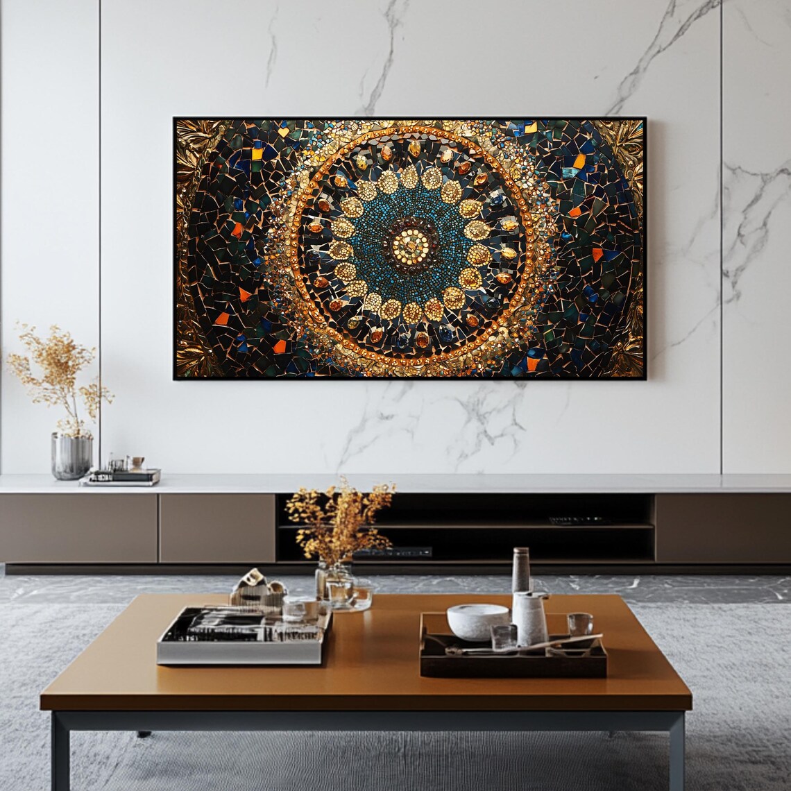 Islamic Mosaic Mandala Gold Blue Geometric Ornate Pattern Sacred Art Poster - Image 2