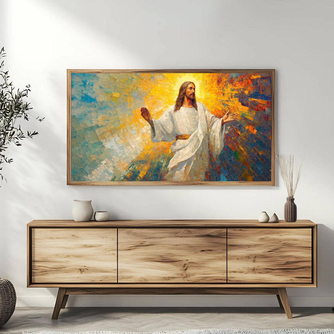 Jesus Christ Open Arms Golden Halo Mosaic Faith Inspirational Art Poster - Image 3