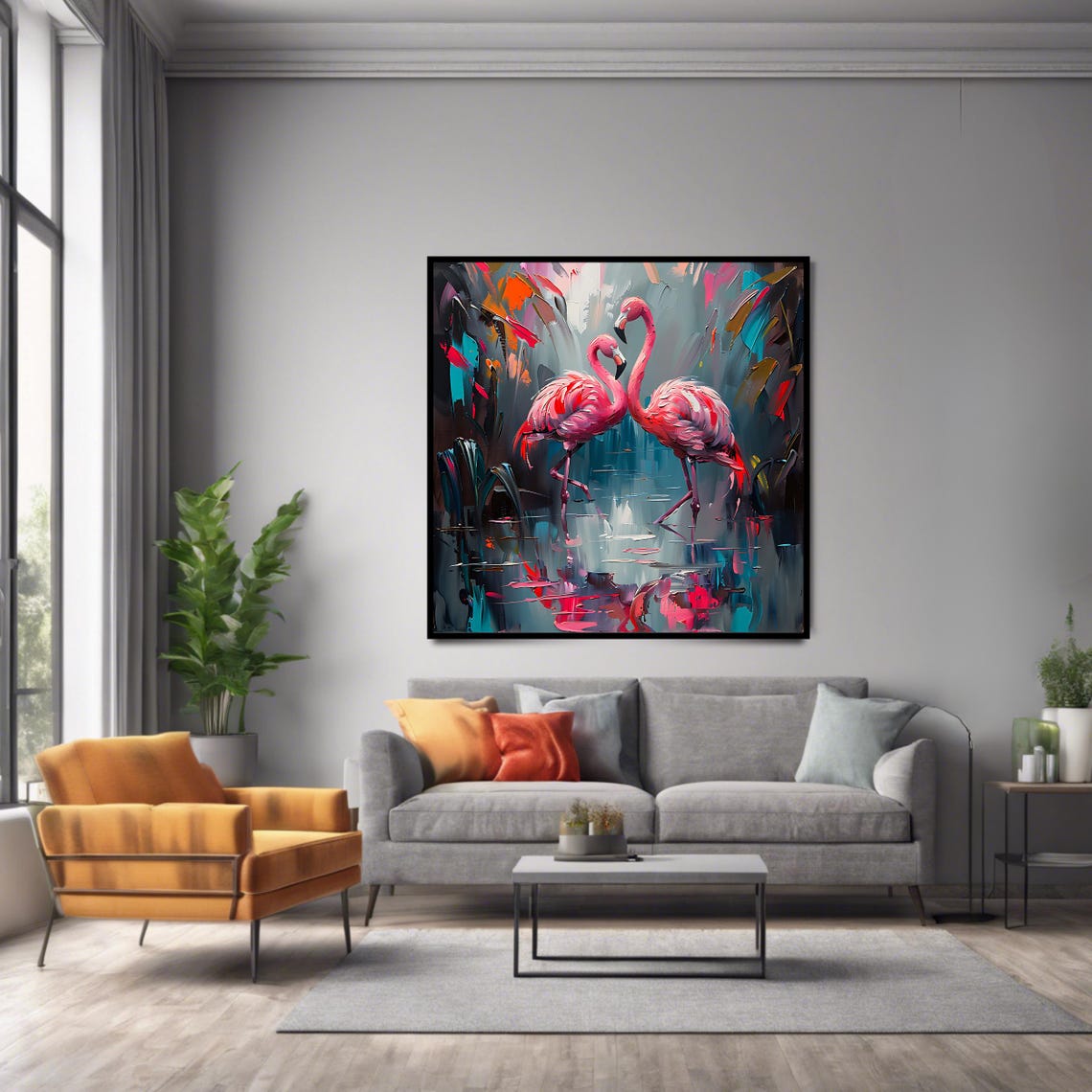 Pink Flamingo Pair Impasto Painting Tropical Bird Wall Art Poster - Image 2