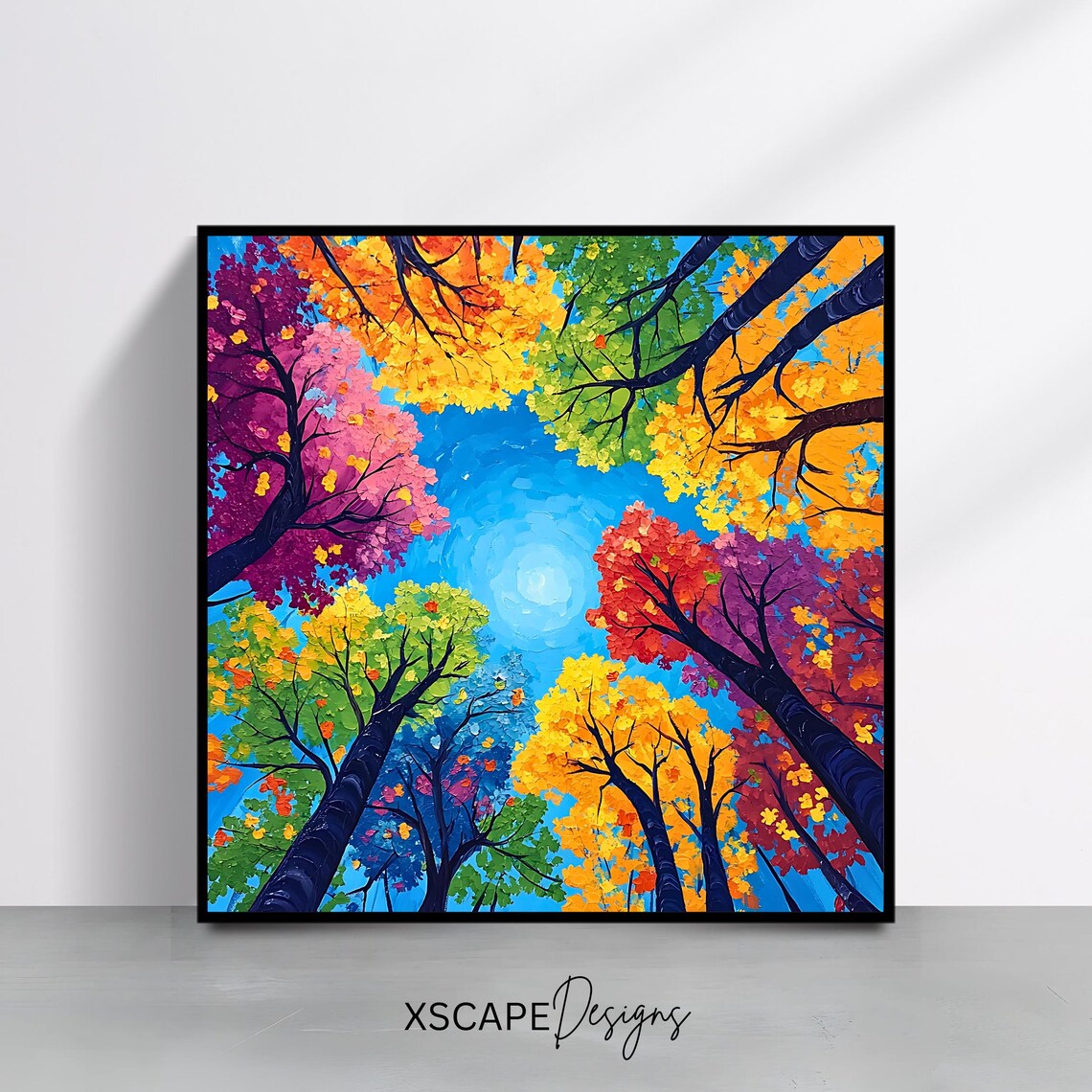 Colorful Forest Canopy Wall Art Print Vibrant Abstract Nature Artwork Square Scenic Tree Decor Bright Landscape Painting