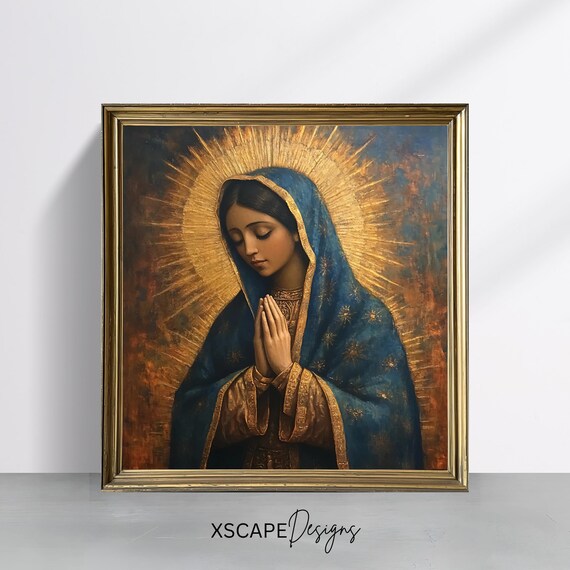Vintage Our Lady of Guadalupe Praying Blue Mantle Gold Halo Art Print