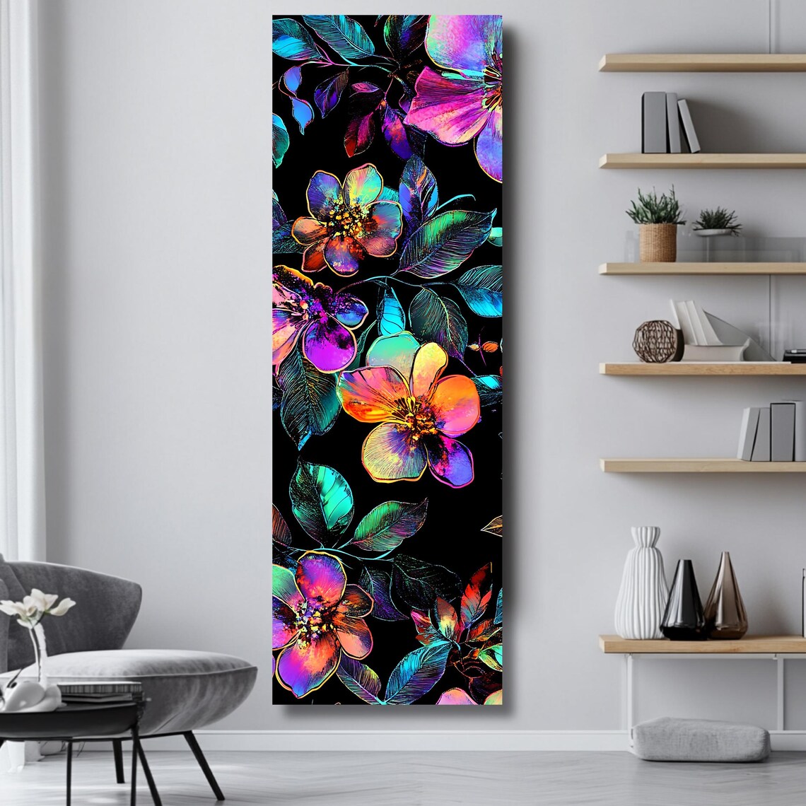 Dark Floral Neon Flowers Black Background Modern Botanical Poster - Image 4