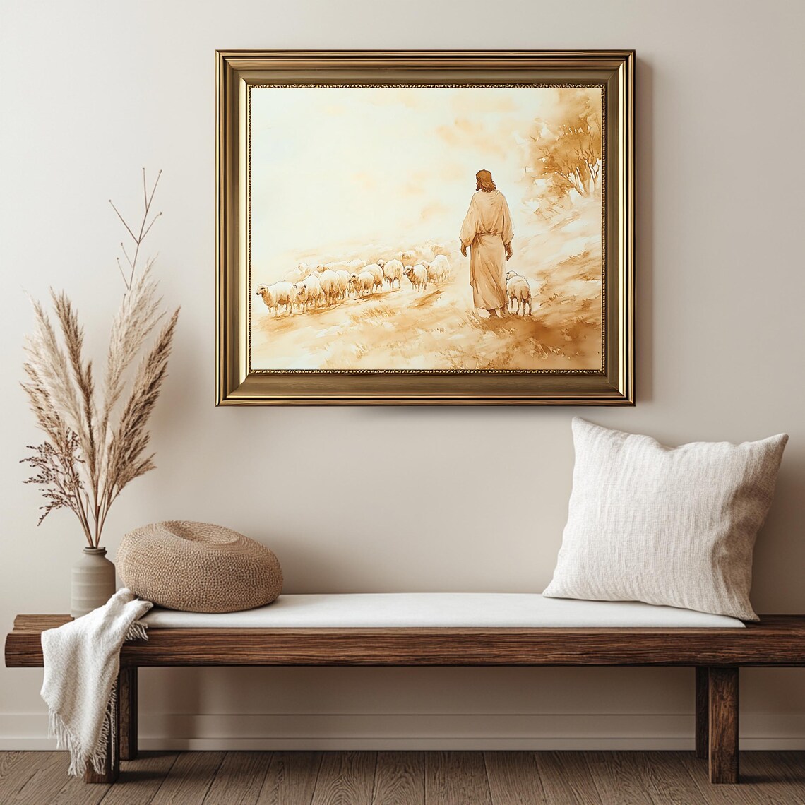 Jesus Good Shepherd Sheep Watercolor Sepia Faith Religious Art Poster - Image 2