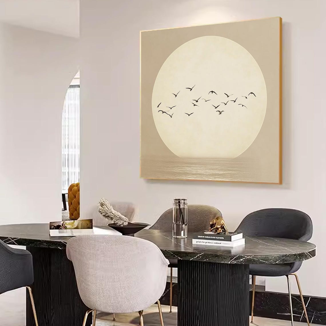 Minimalist Moon Birds Flying Beige Japandi Serene Zen Style Poster - Image 3