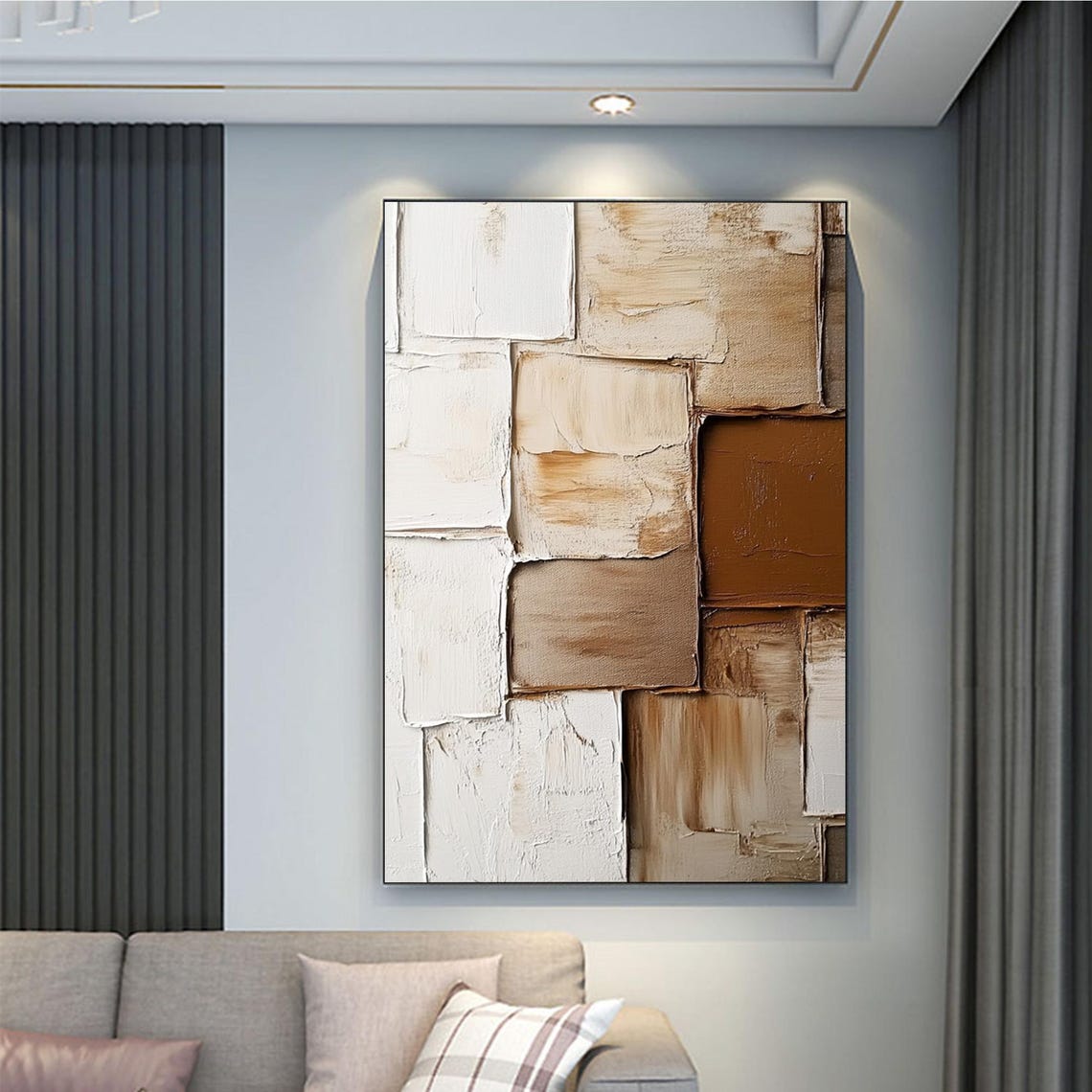 Patchwork Blocks Abstract Cream Tan Brown Textured Canvas Style Poster - Image 2