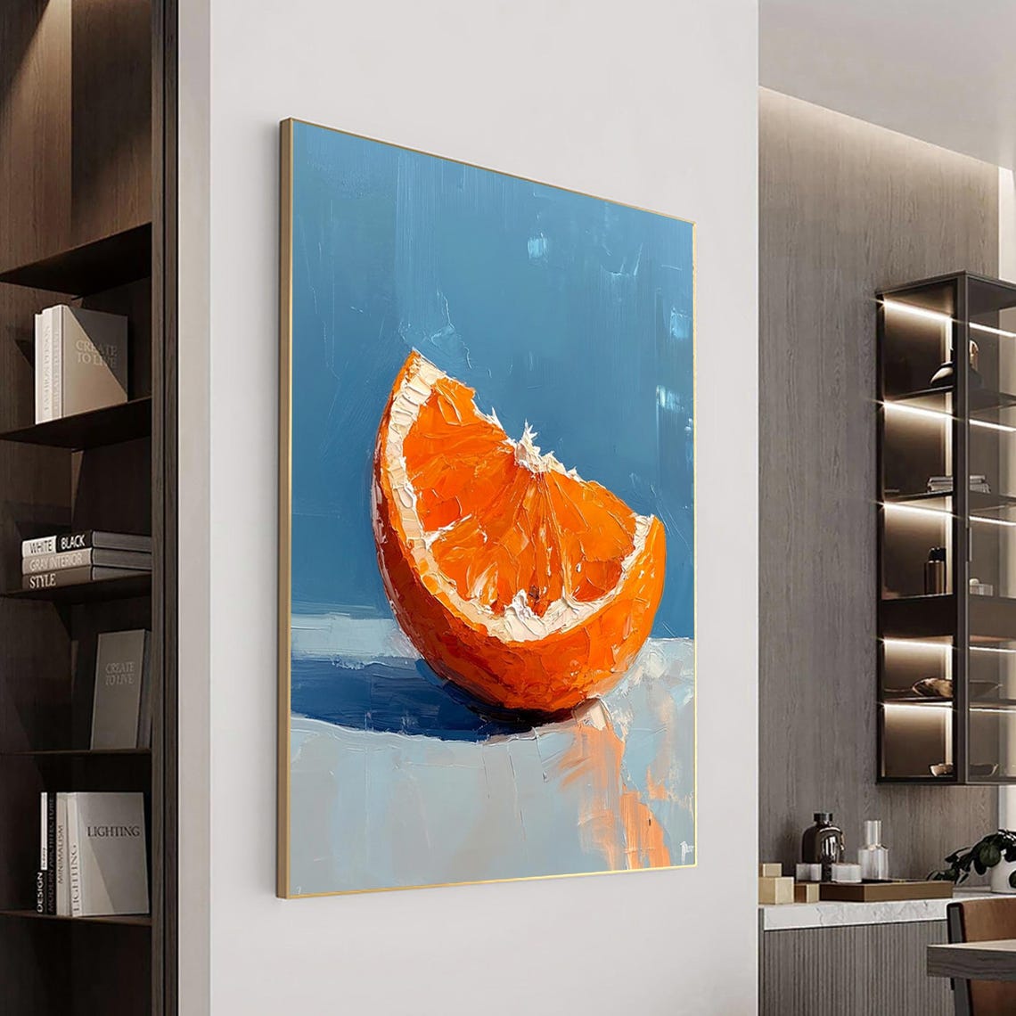 Fresh Orange Half Slice Impasto Still Life Blue Art Wall Poster - Image 3
