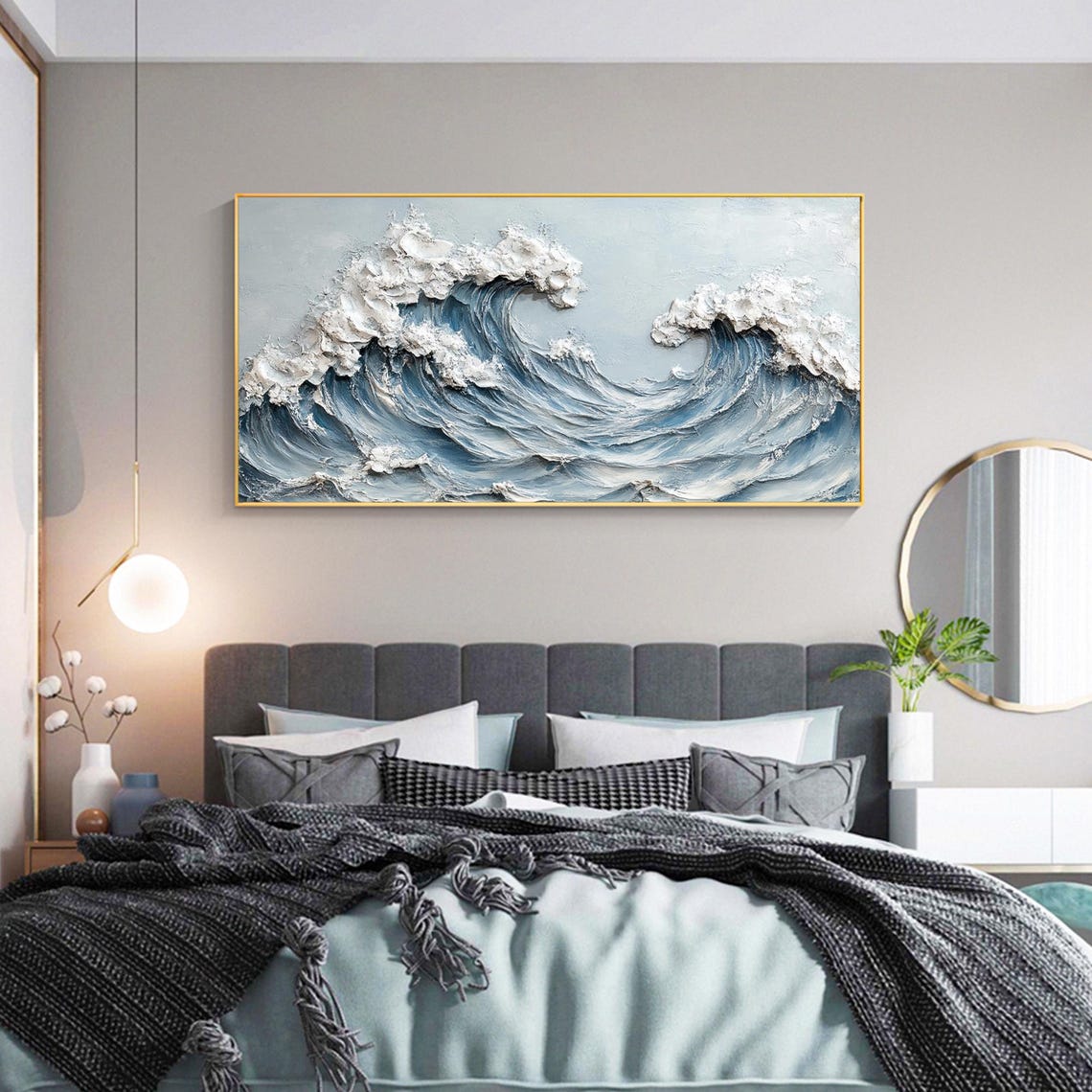 Crashing Ocean Waves Blue Impasto Textured Seascape Panoramic Poster - Image 3