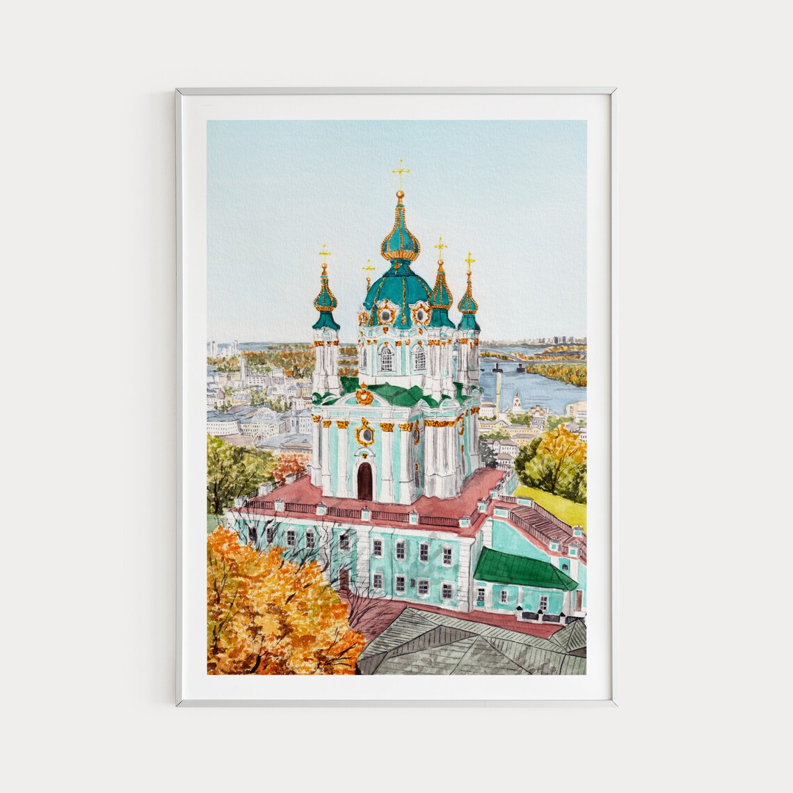 Kiev Watercolor Cityscape, Saint Andrews Church Art Print