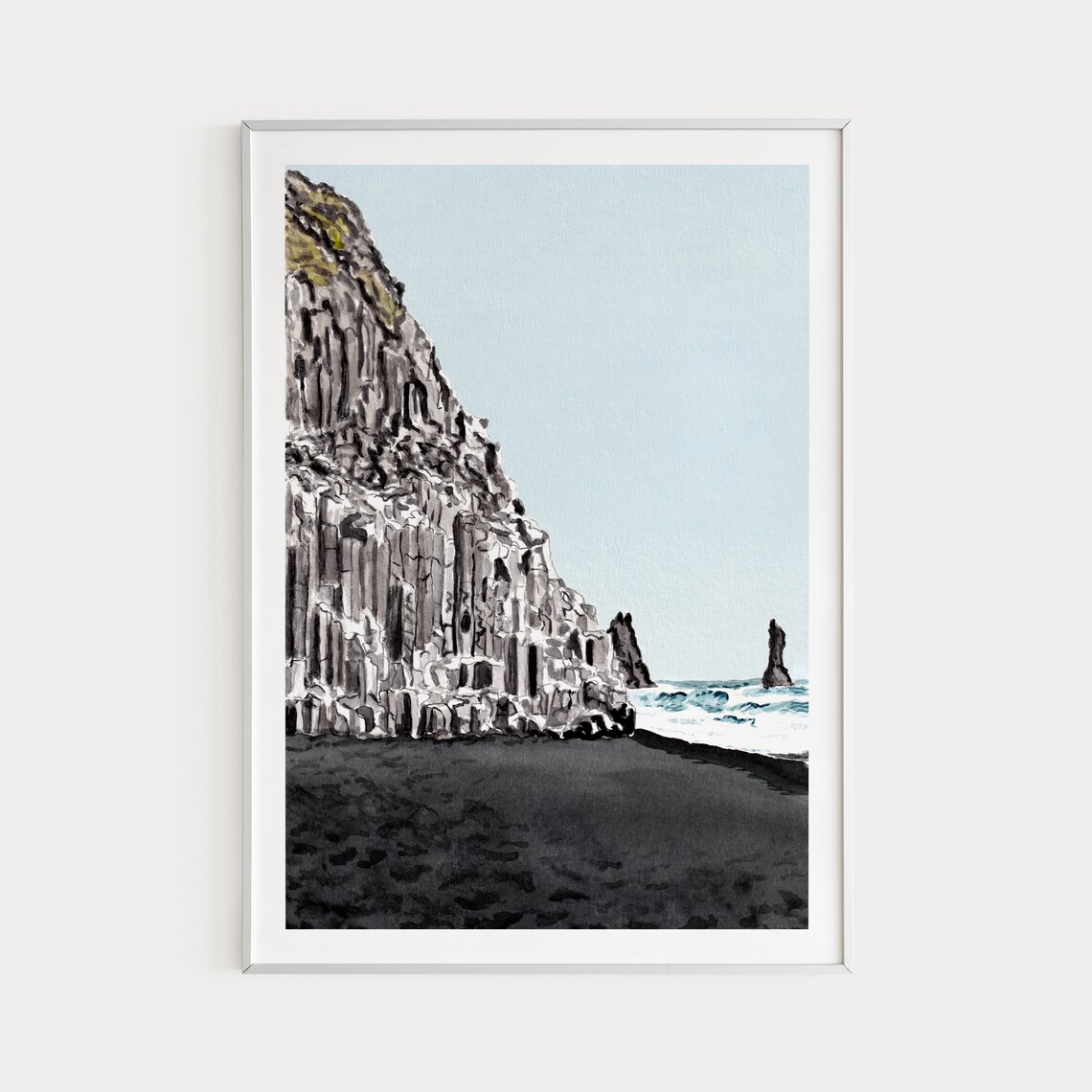 Iceland Watercolor Travel Poster, Black Sand Beach